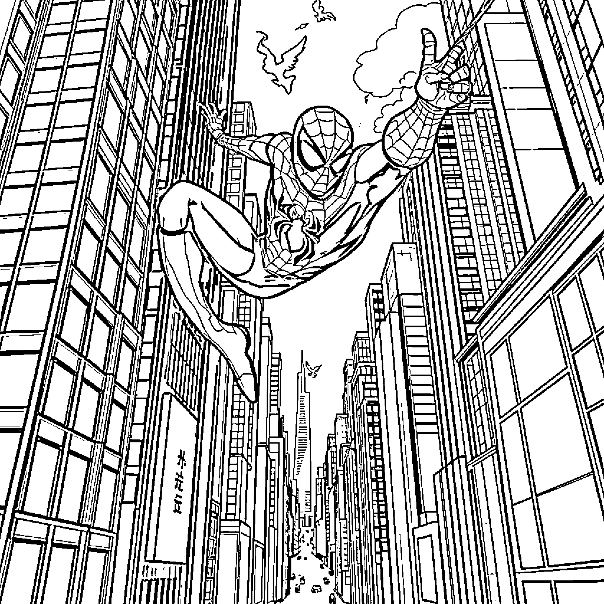 Spider-Man swinging through the city skyline Coloring Page (free black-and-white line drawing printable PDF for all, from beginners to advanced learners, including children, teens, adults, and seniors)