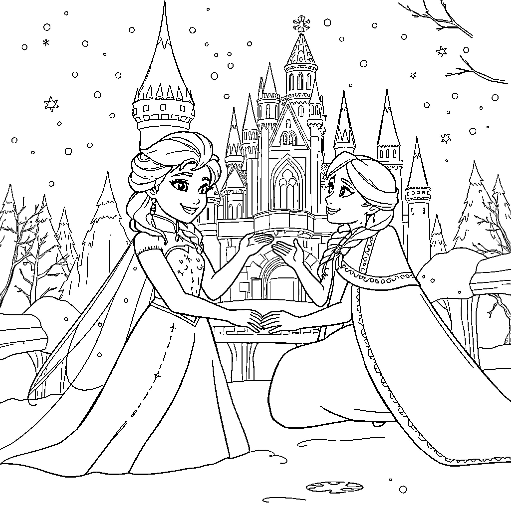 Elsa and Anna Embrace in Snowy Castle Scene Coloring Page (free black-and-white line drawing printable PDF for all, from beginners to advanced learners, including children, teens, adults, and seniors)