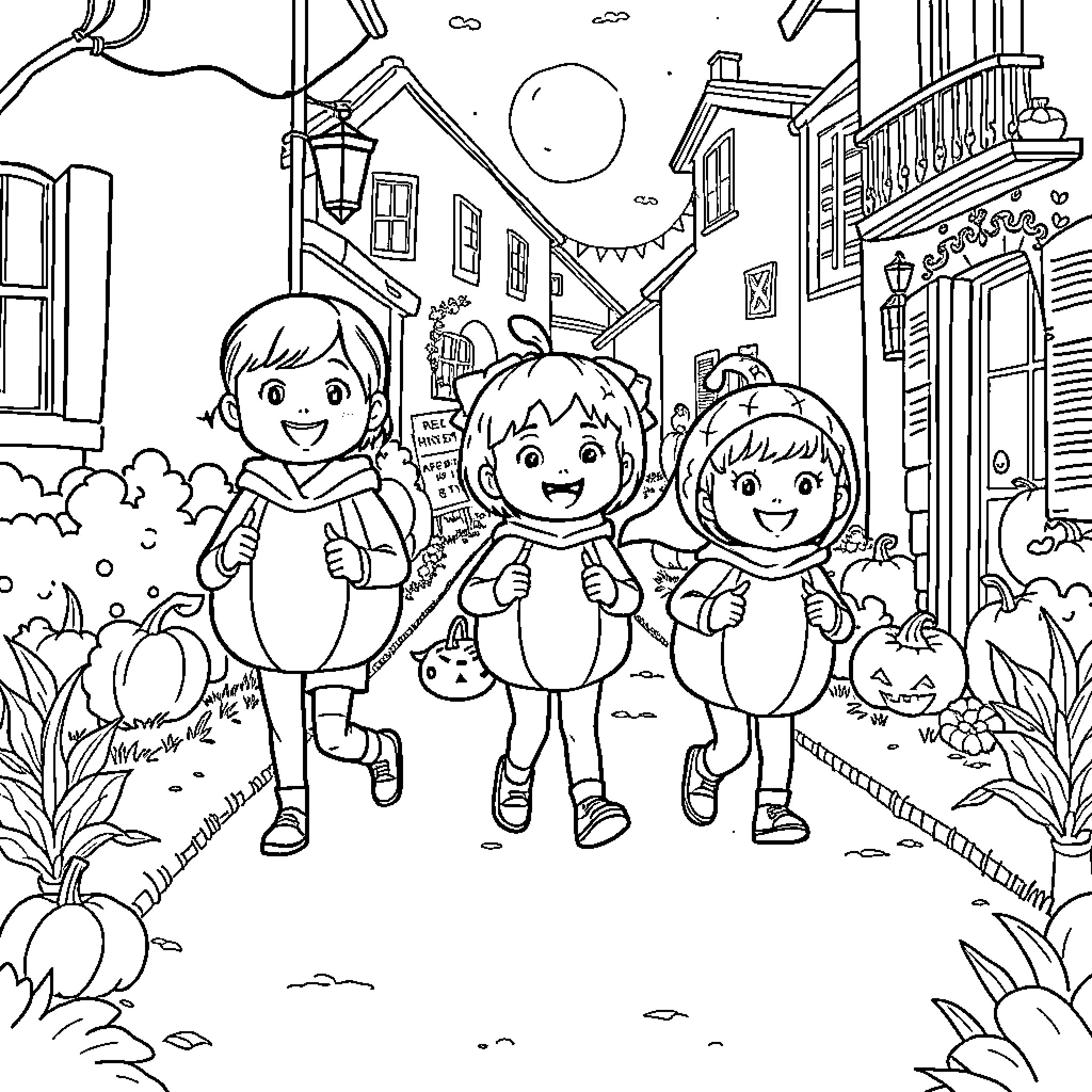 Kids Celebrating a Fun Halloween Parade Coloring Page (free black-and-white line drawing printable PDF for all, from beginners to advanced learners, including children, teens, adults, and seniors)