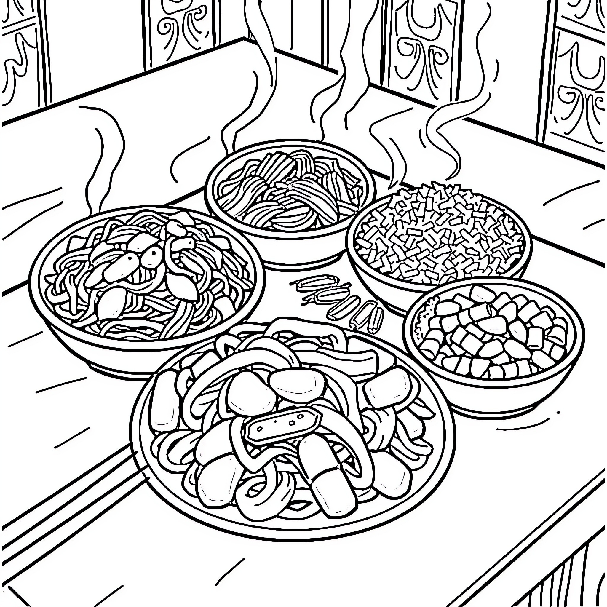 Chinese Meal with Various Dishes on the Table Coloring Page (free black-and-white line drawing printable PDF for all, from beginners to advanced learners, including children, teens, adults, and seniors)