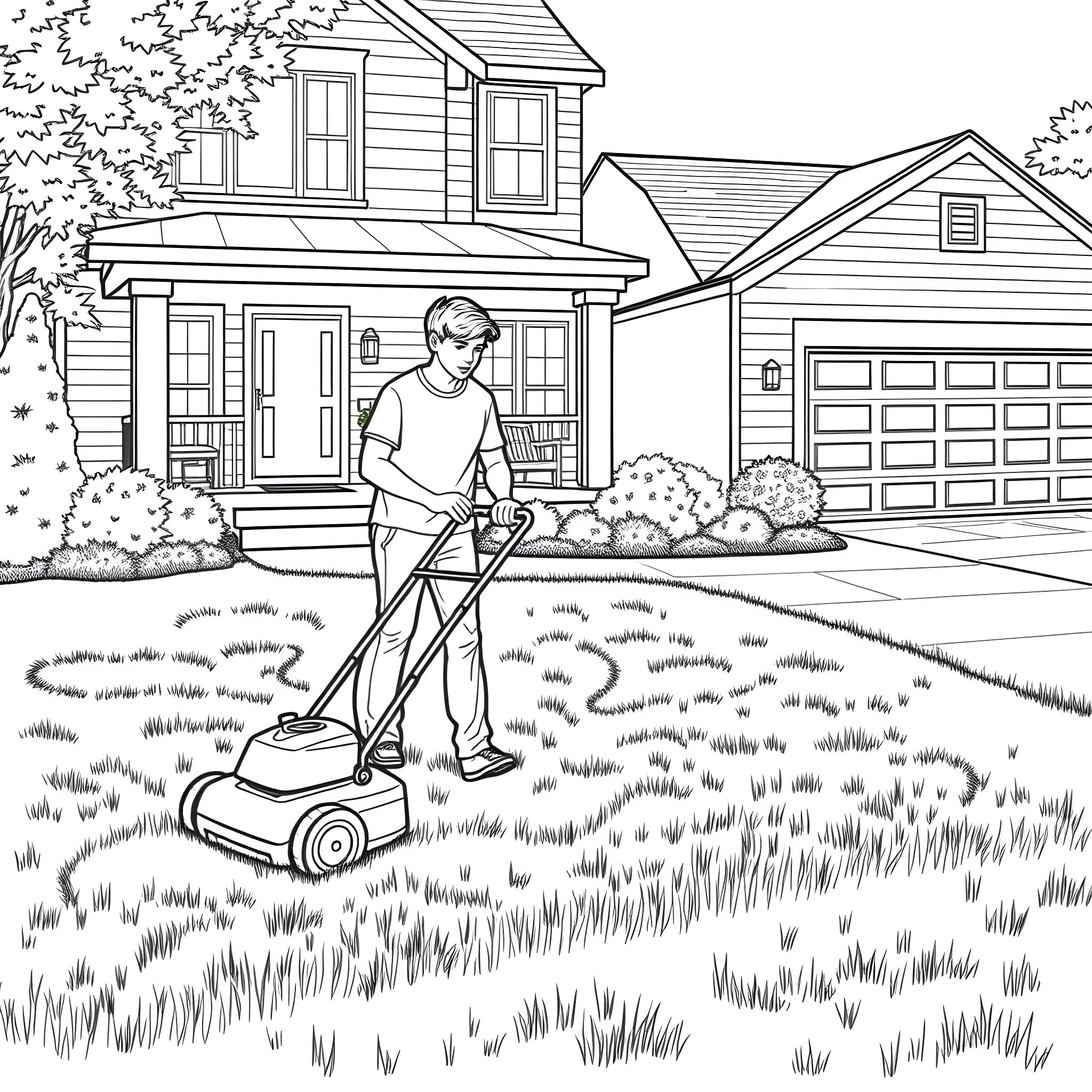 Teen Guy Mowing Lawn in Front of House Coloring Page (free black-and-white line drawing printable PDF for all, from beginners to advanced learners, including children, teens, adults, and seniors)