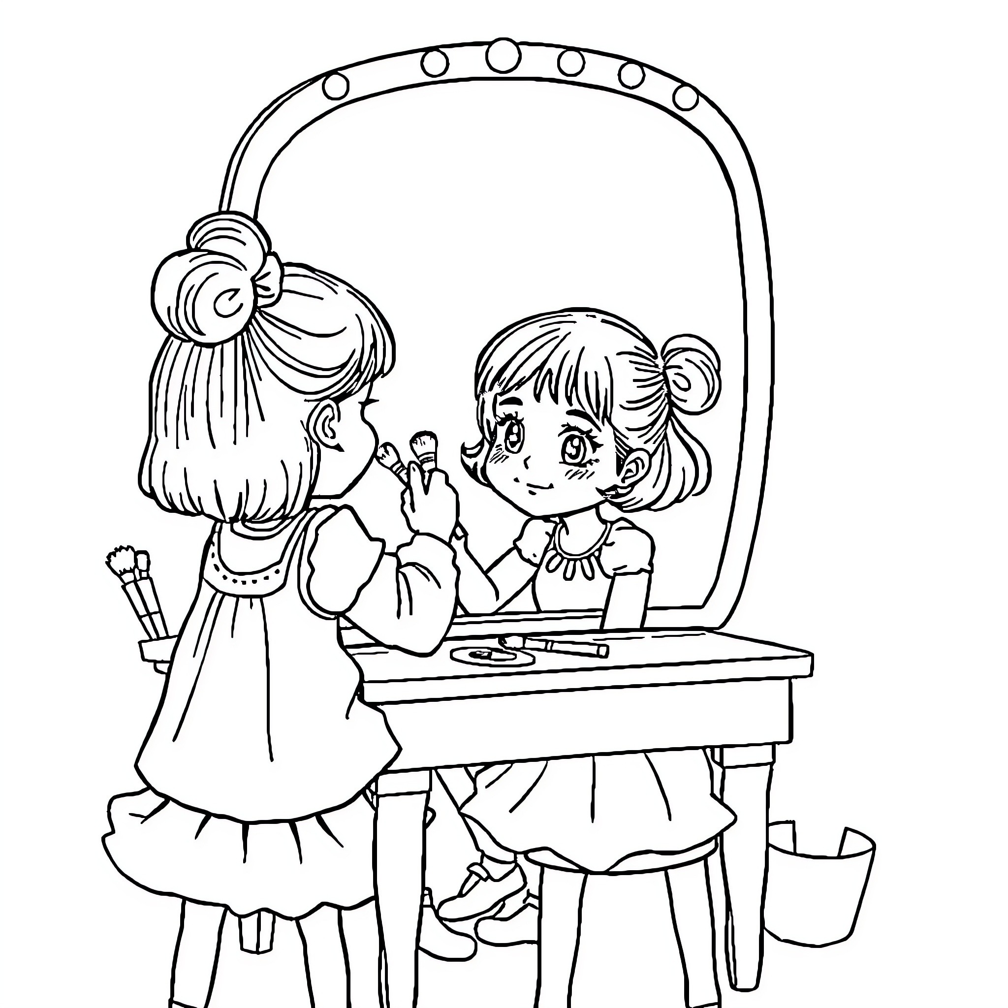 Girl doing makeup in front of vanity mirror Coloring Page (free black-and-white line drawing printable PDF for all, from beginners to advanced learners, including children, teens, adults, and seniors)