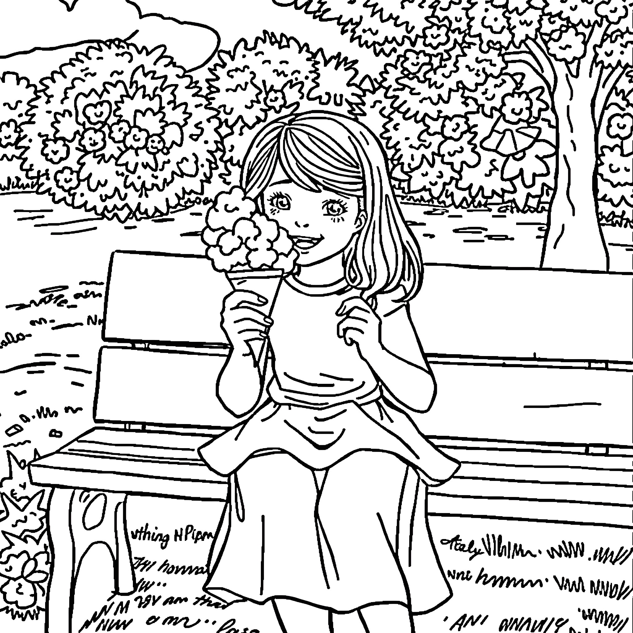 Girl enjoying a bouquet of flowers on a park bench Coloring Page (free black-and-white line drawing printable PDF for all, from beginners to advanced learners, including children, teens, adults, and seniors)