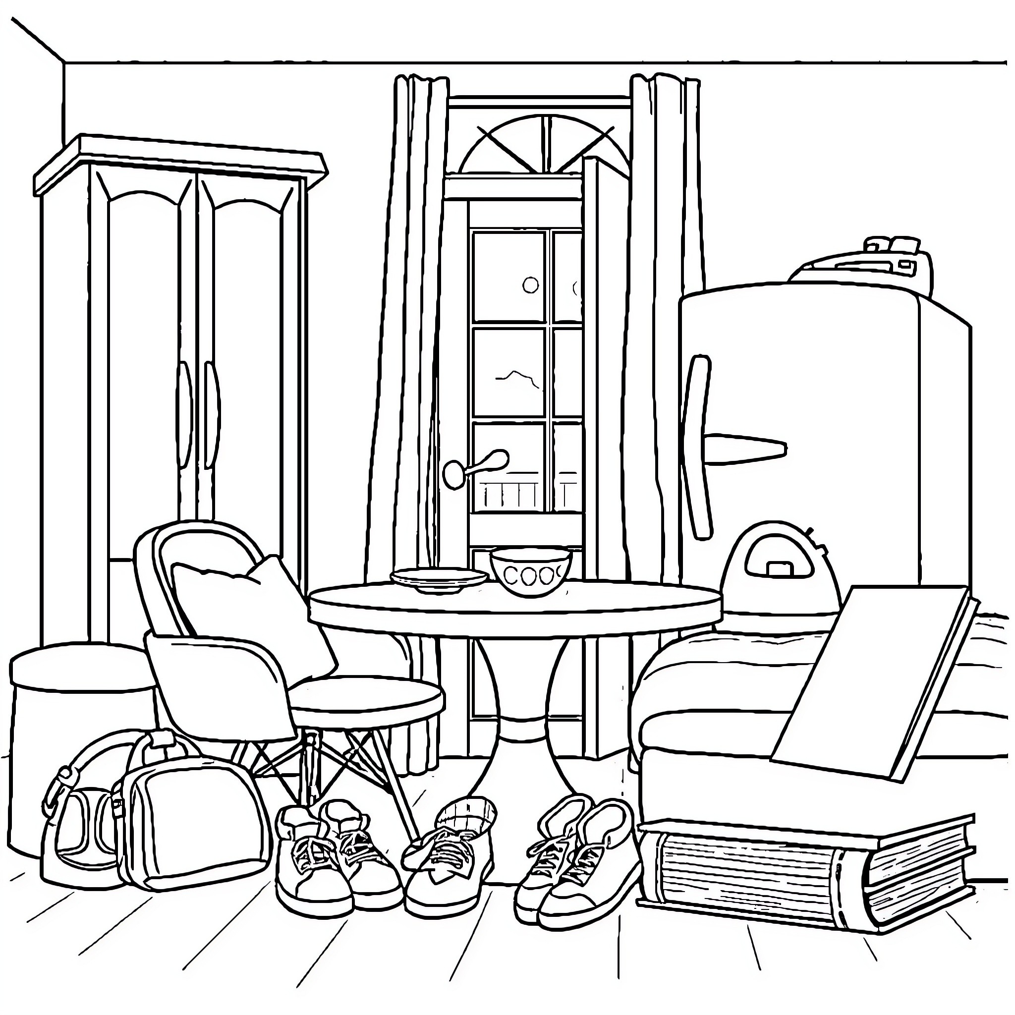 Object with furniture, appliances, and personal items in a room Coloring Page (free black-and-white line drawing printable PDF for all, from beginners to advanced learners, including children, teens, adults, and seniors)