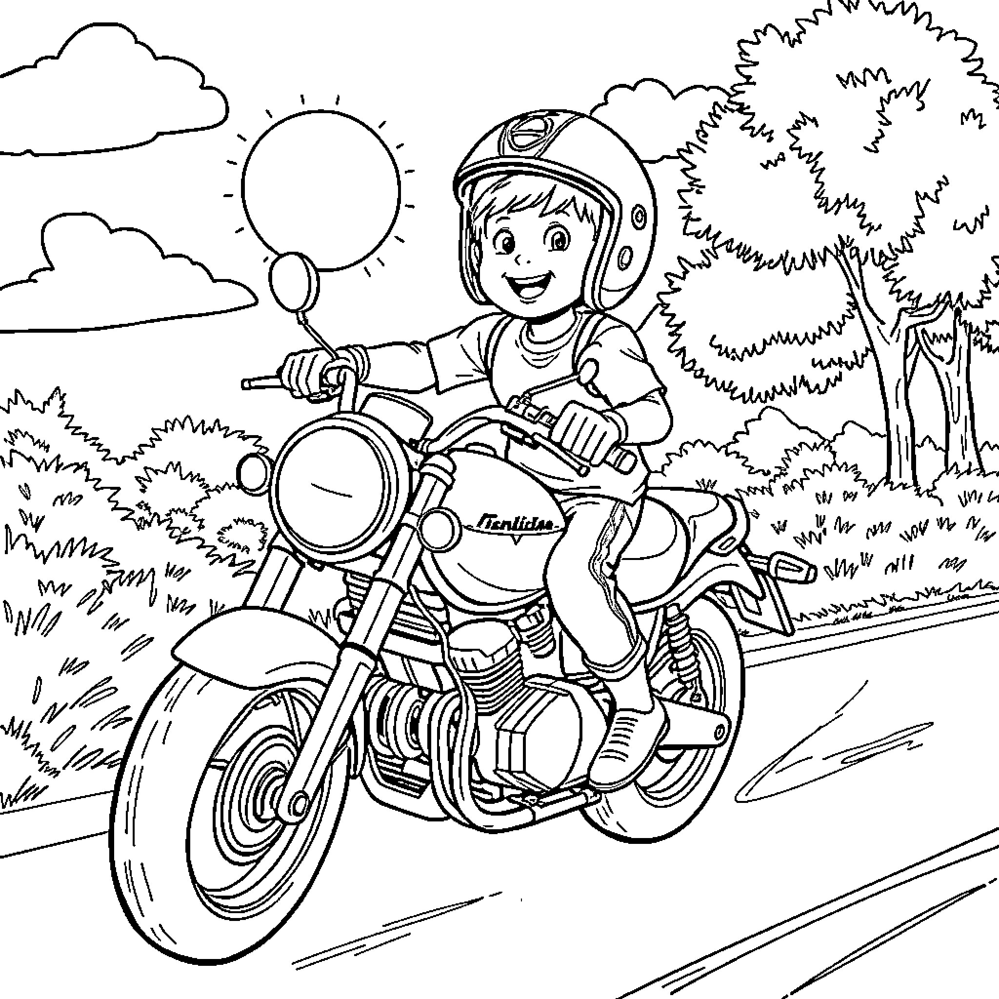 Boy riding motorcycle on country road Coloring Page (free black-and-white line drawing printable PDF for all, from beginners to advanced learners, including children, teens, adults, and seniors)