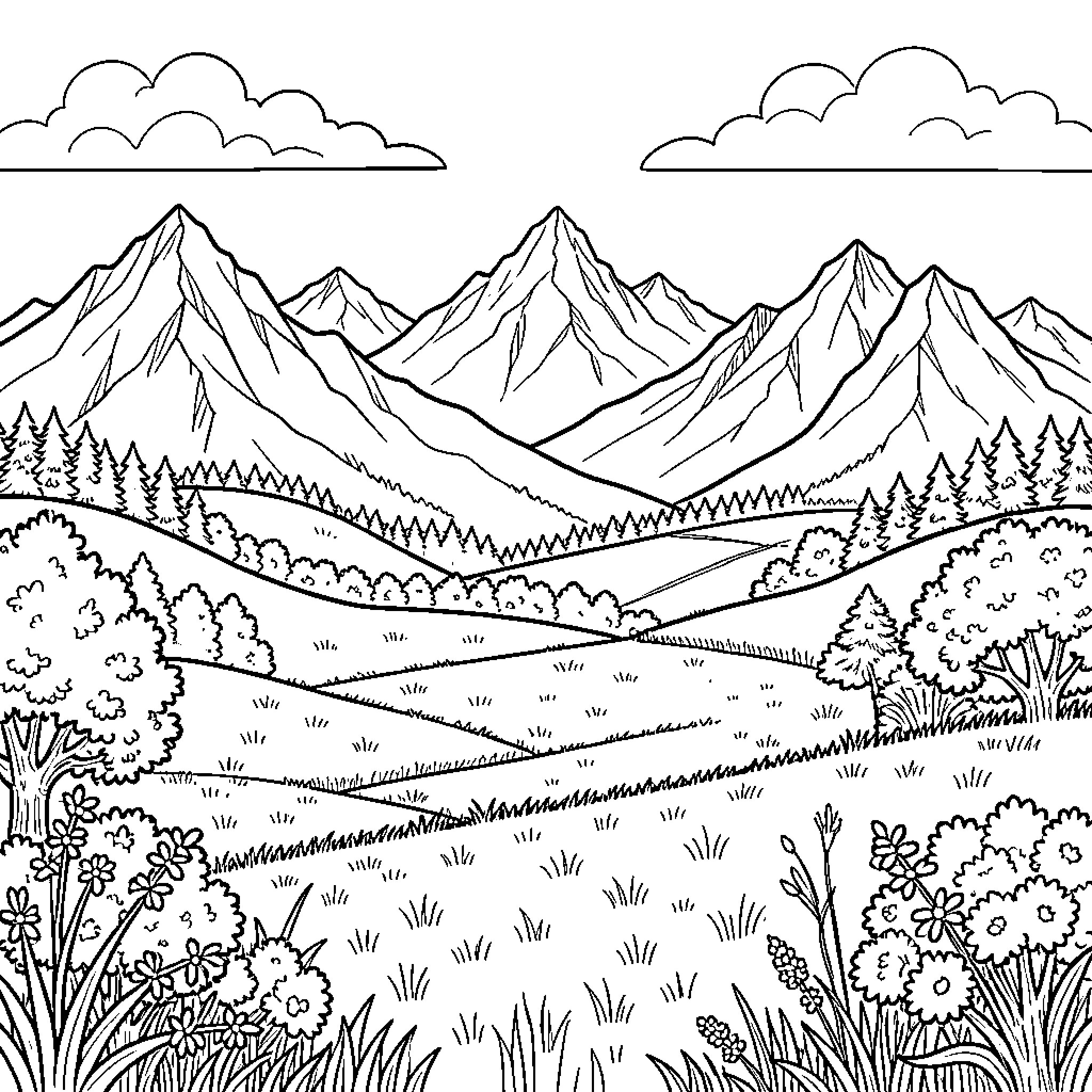 Landscape of mountainous terrain and lush vegetation Coloring Page (free black-and-white line drawing printable PDF for all, from beginners to advanced learners, including children, teens, adults, and seniors)