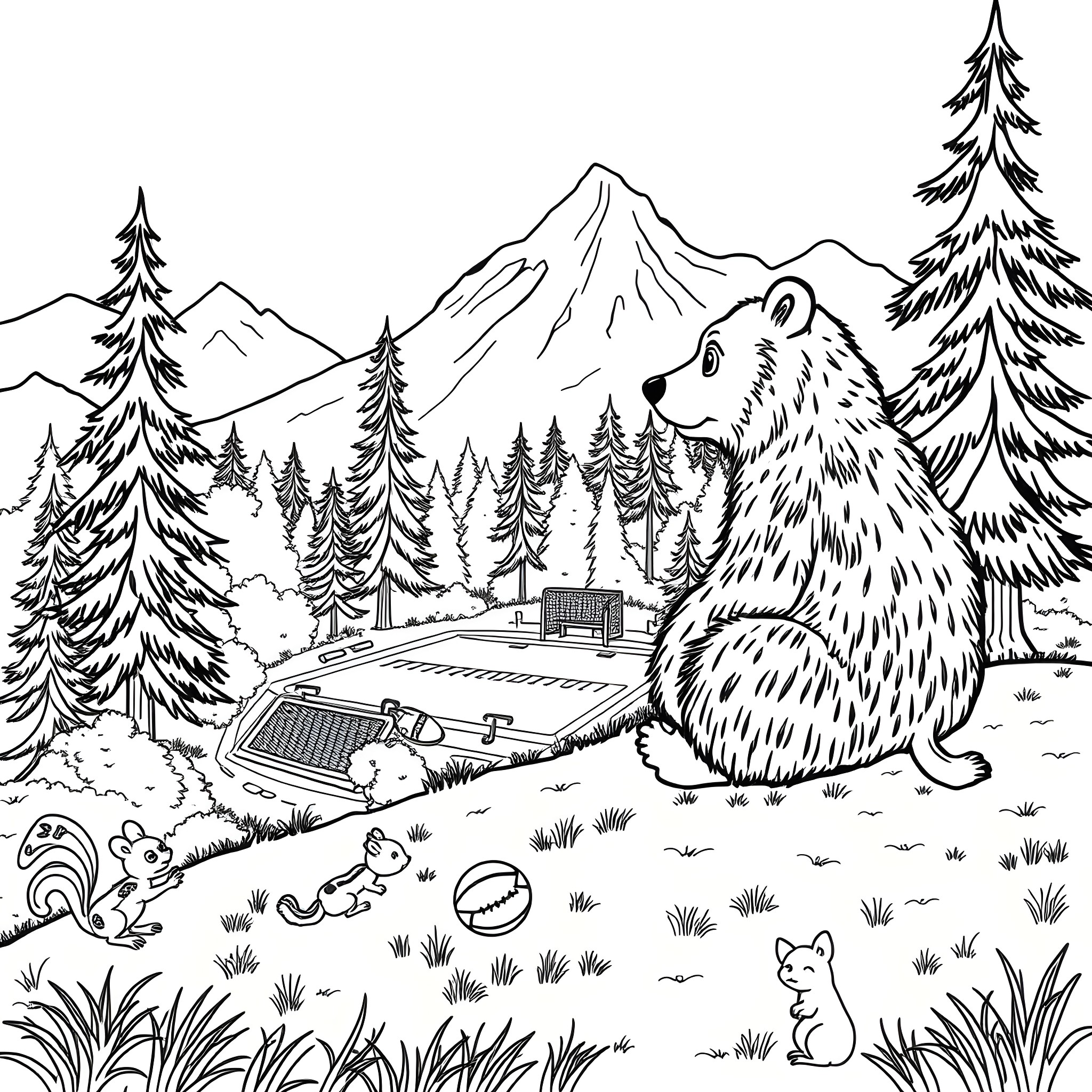 Bear exploring the scenic mountain forest Coloring Page (free black-and-white line drawing printable PDF for all, from beginners to advanced learners, including children, teens, adults, and seniors)