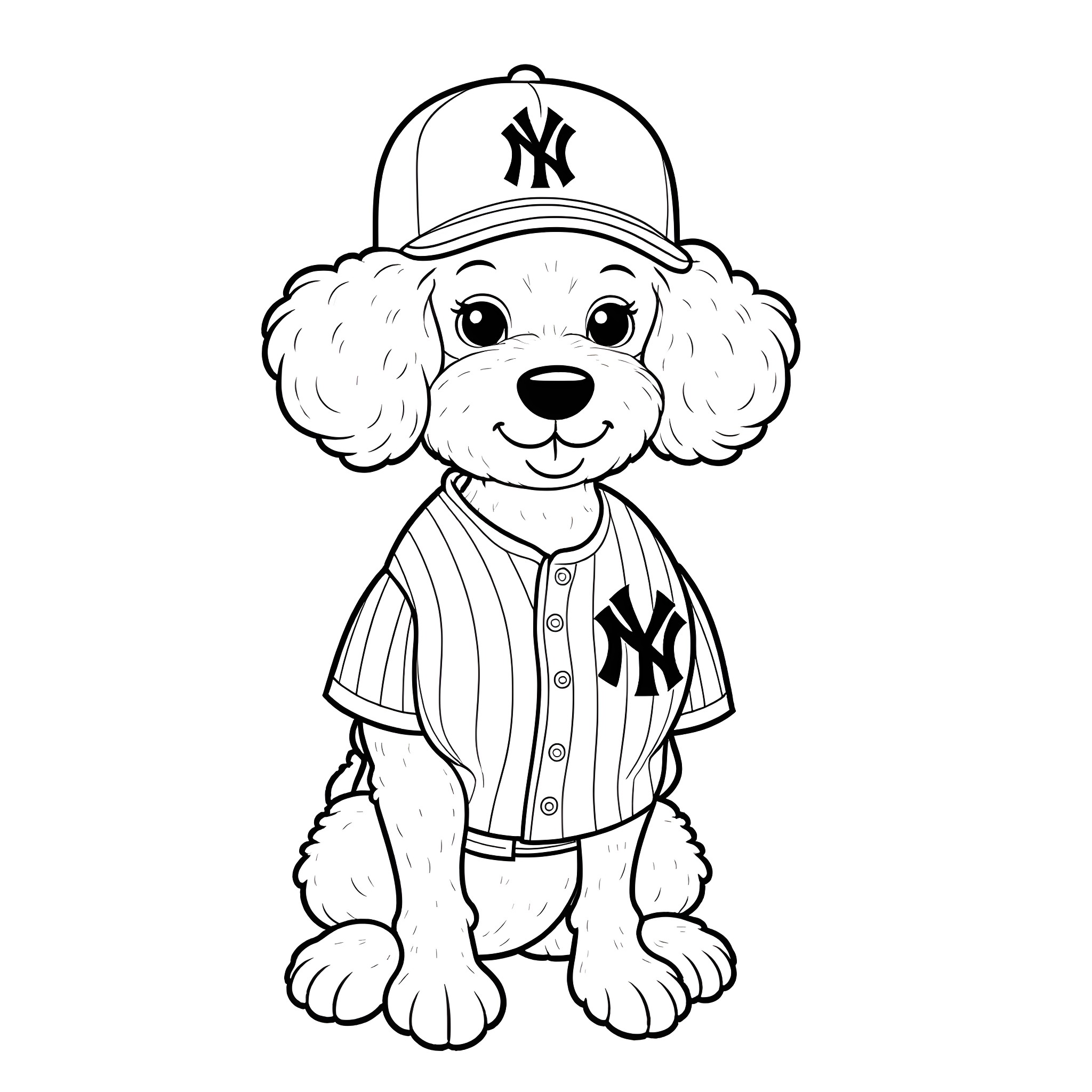 Poodle in a Yankee baseball uniform Coloring Page (free black-and-white line drawing printable PDF for all, from beginners to advanced learners, including children, teens, adults, and seniors)