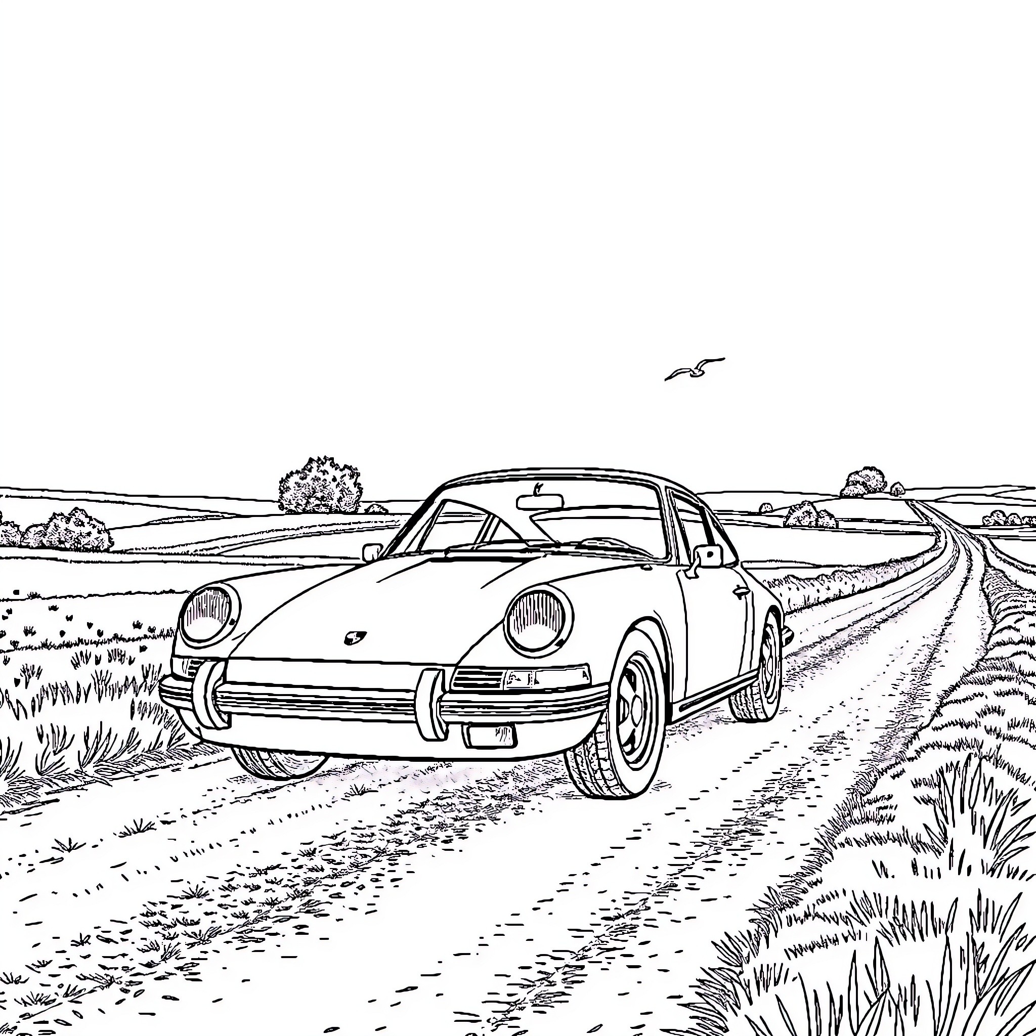 Porsche sports car driving on rural road Coloring Page (free black-and-white line drawing printable PDF for all, from beginners to advanced learners, including children, teens, adults, and seniors)