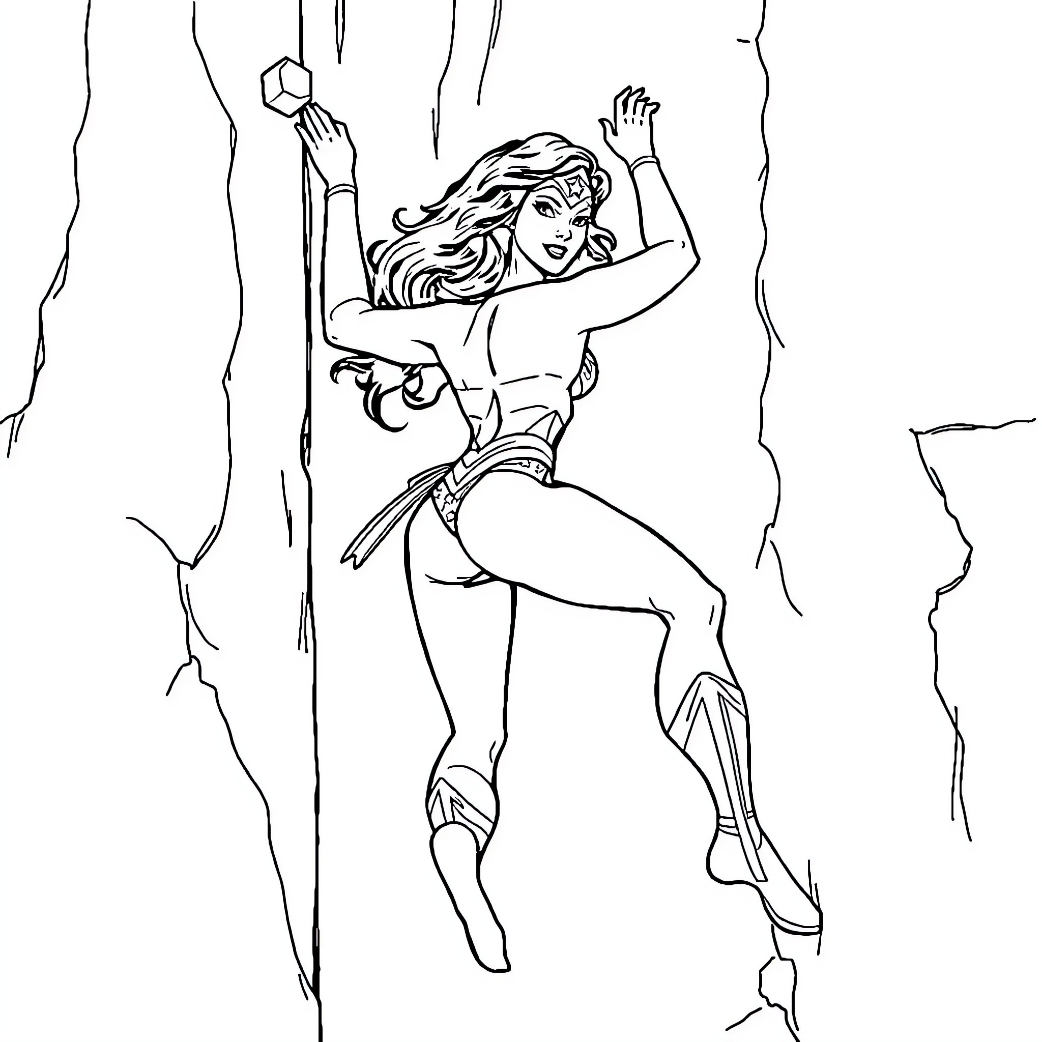 Wonder Woman Scaling Cliffside with Lasso of Truth Coloring Page (free black-and-white line drawing printable PDF for all, from beginners to advanced learners, including children, teens, adults, and seniors)