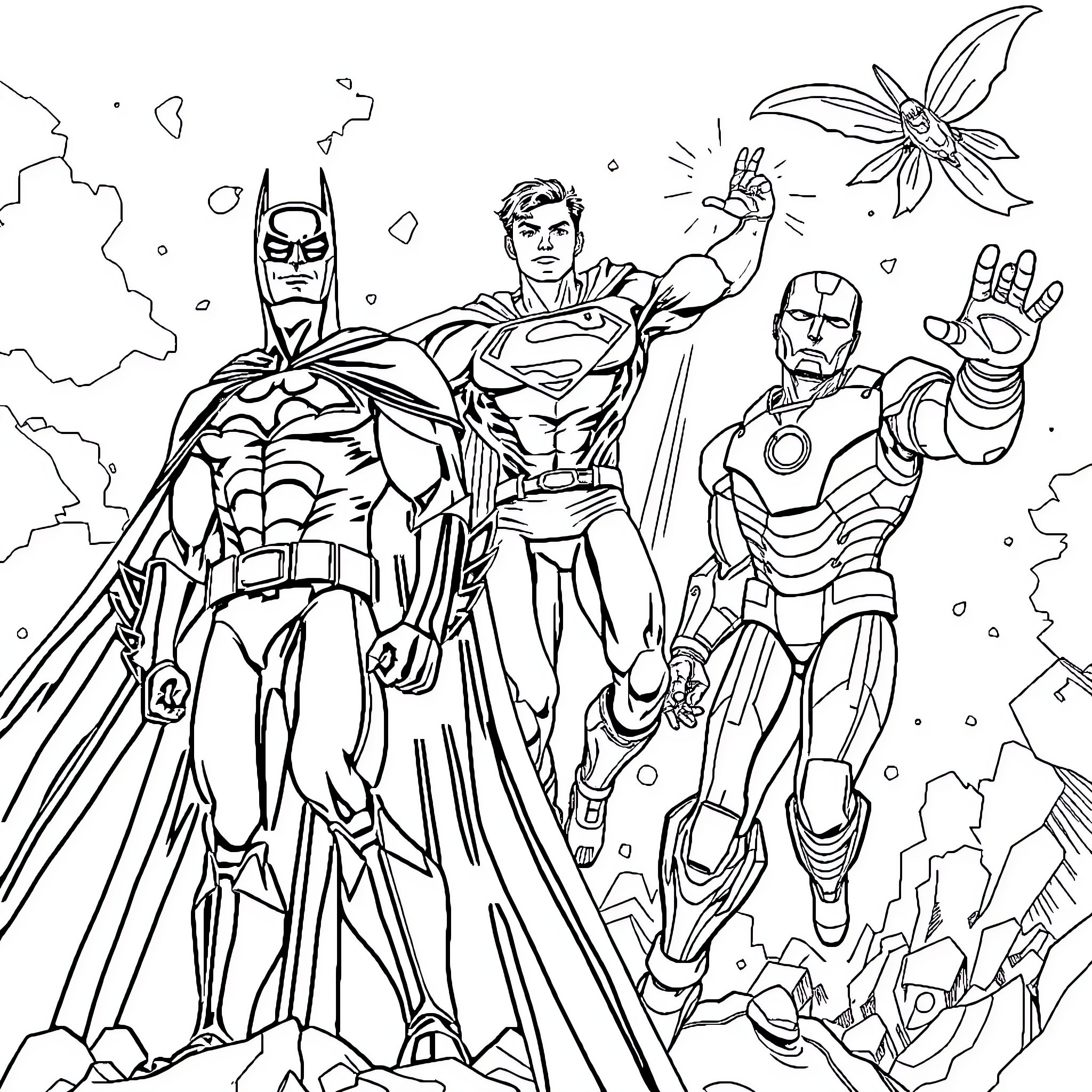 Heroes of Justice Assembling for Action Coloring Page (free black-and-white line drawing printable PDF for all, from beginners to advanced learners, including children, teens, adults, and seniors)