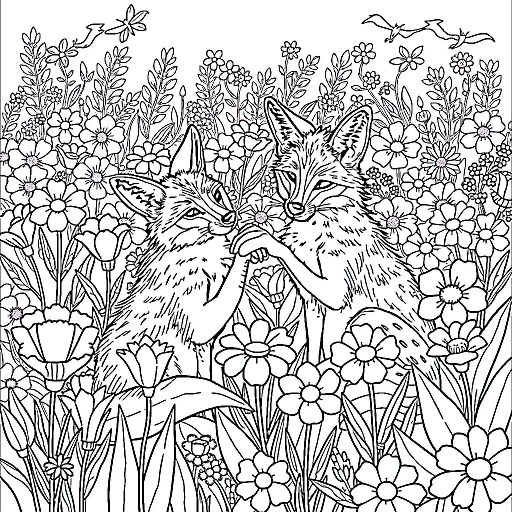 Coyotes exploring a vibrant floral landscape Coloring Page (free black-and-white line drawing printable PDF for all, from beginners to advanced learners, including children, teens, adults, and seniors)