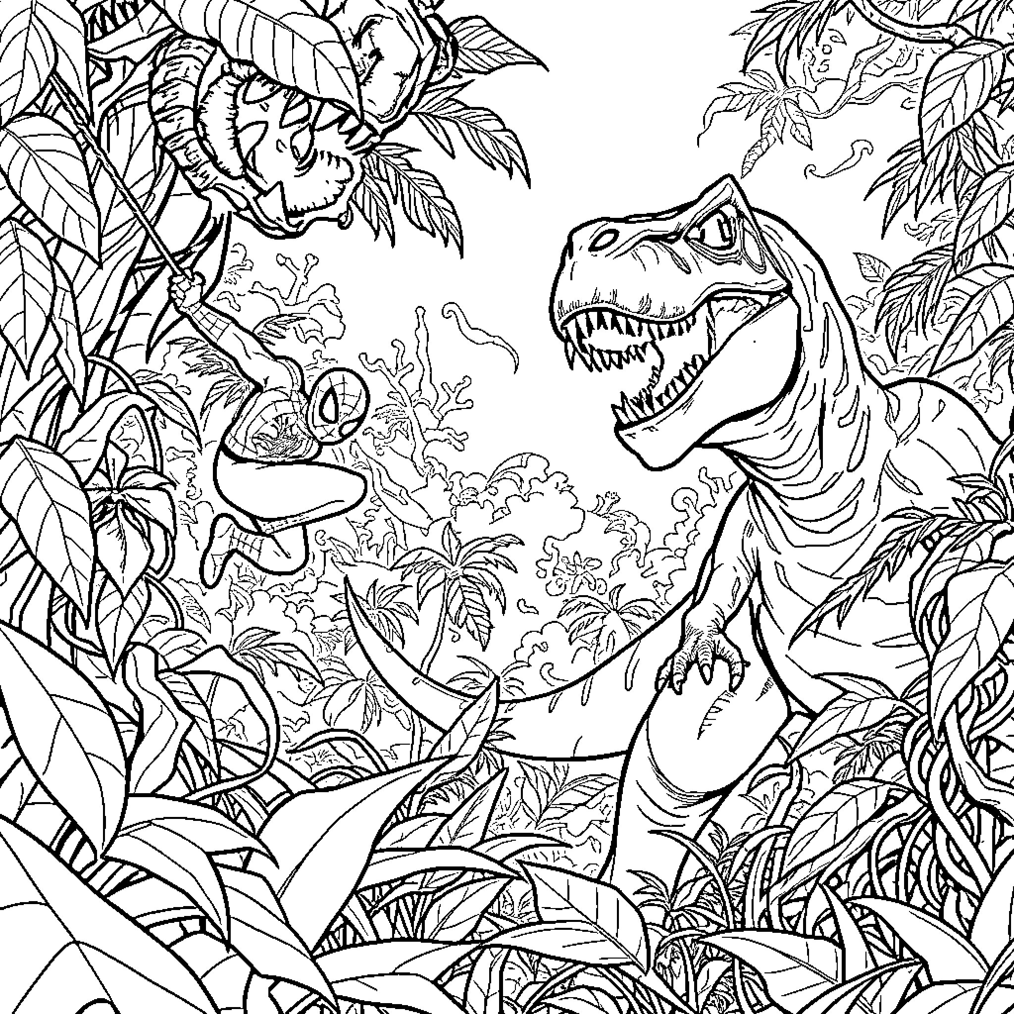 Spiderman faces off against fierce dinosaurs in the jungle Coloring Page (free black-and-white line drawing printable PDF for all, from beginners to advanced learners, including children, teens, adults, and seniors)