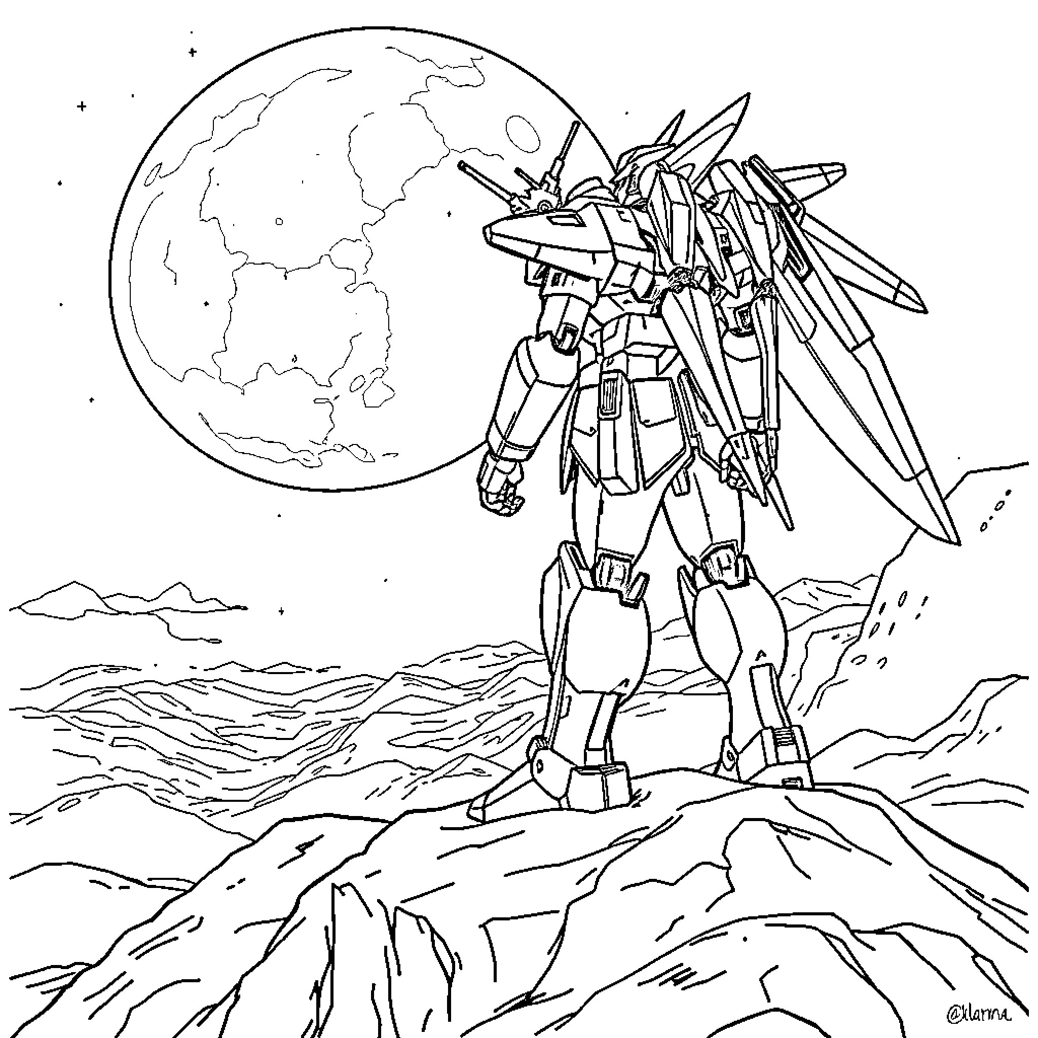 Wing Gundam taking on a futuristic combat mission Coloring Page (free black-and-white line drawing printable PDF for all, from beginners to advanced learners, including children, teens, adults, and seniors)