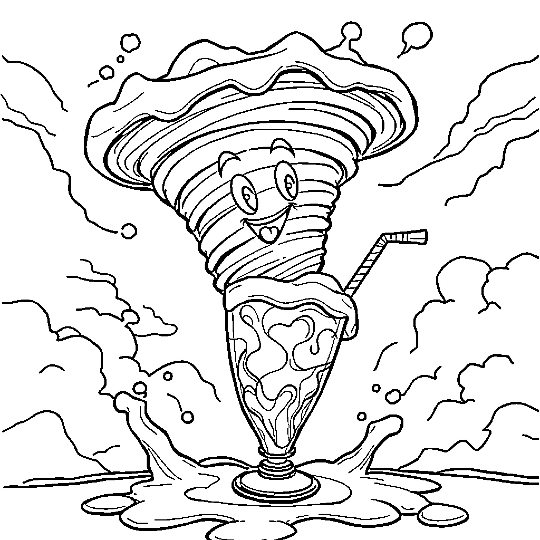 Tornado Twister Havoc in a Milkshake Coloring Page (free black-and-white line drawing printable PDF for all, from beginners to advanced learners, including children, teens, adults, and seniors)