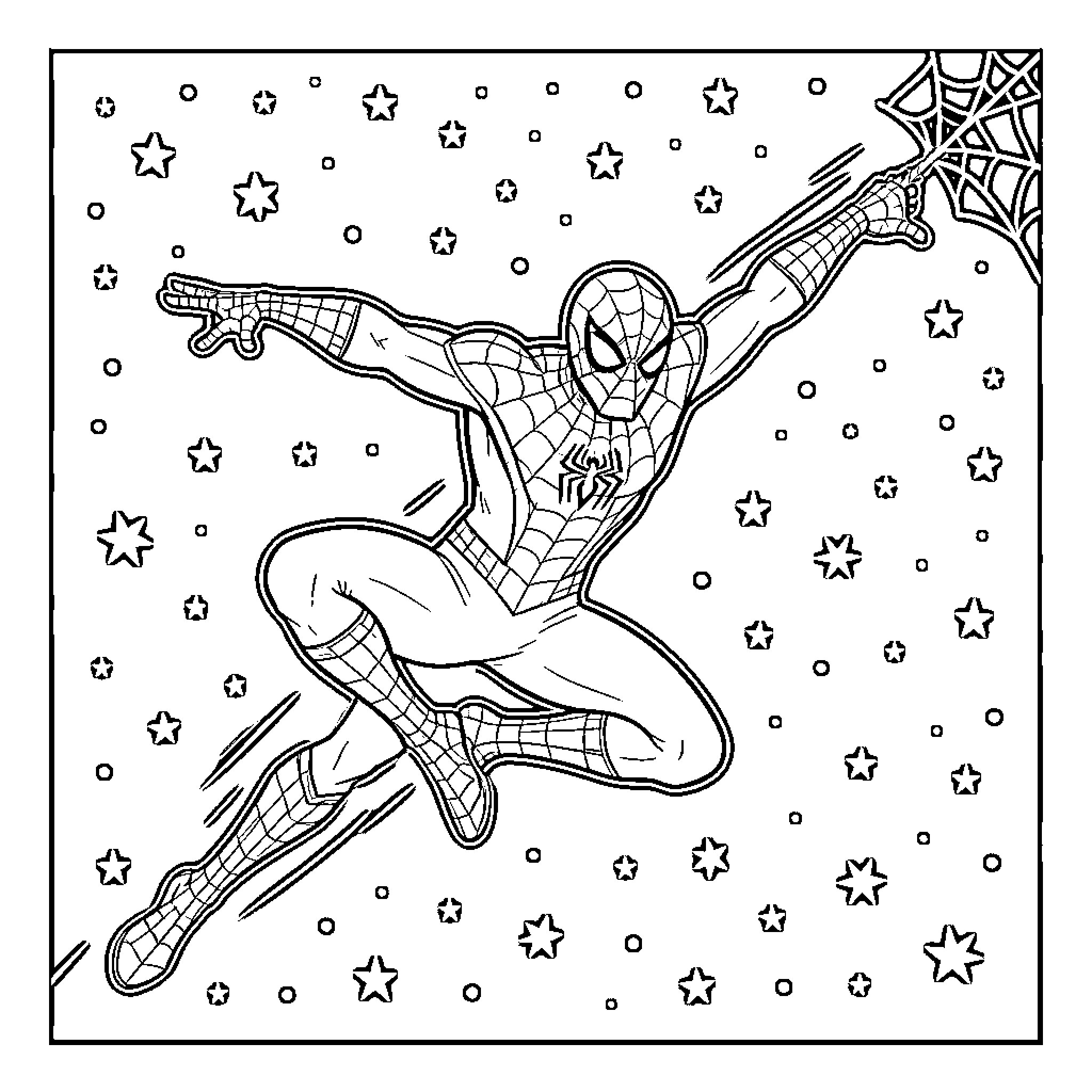 Spiderman swinging through the night sky with stars Coloring Page (free black-and-white line drawing printable PDF for all, from beginners to advanced learners, including children, teens, adults, and seniors)