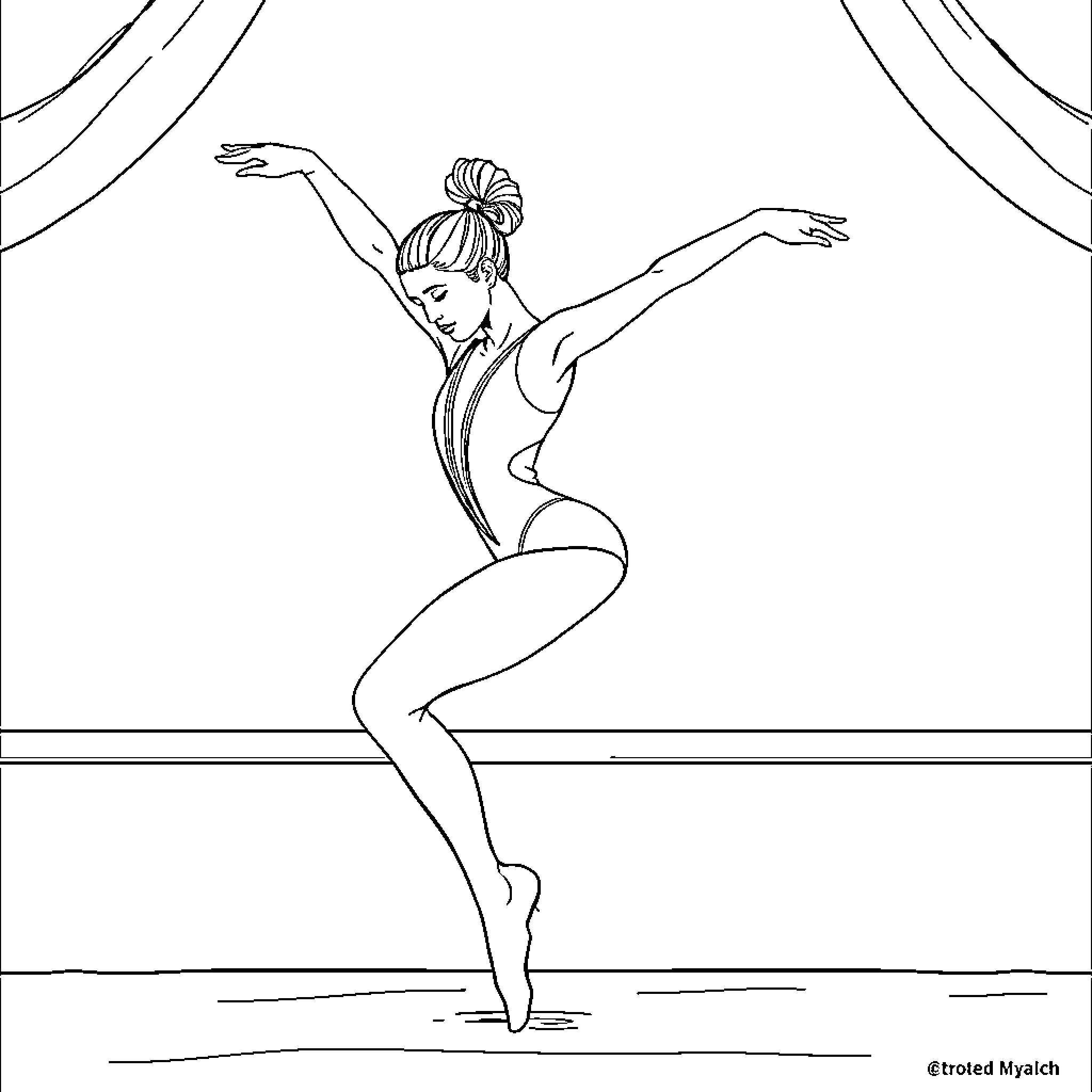 Gymnast performing elegant dance on stage Coloring Page (free black-and-white line drawing printable PDF for all, from beginners to advanced learners, including children, teens, adults, and seniors)