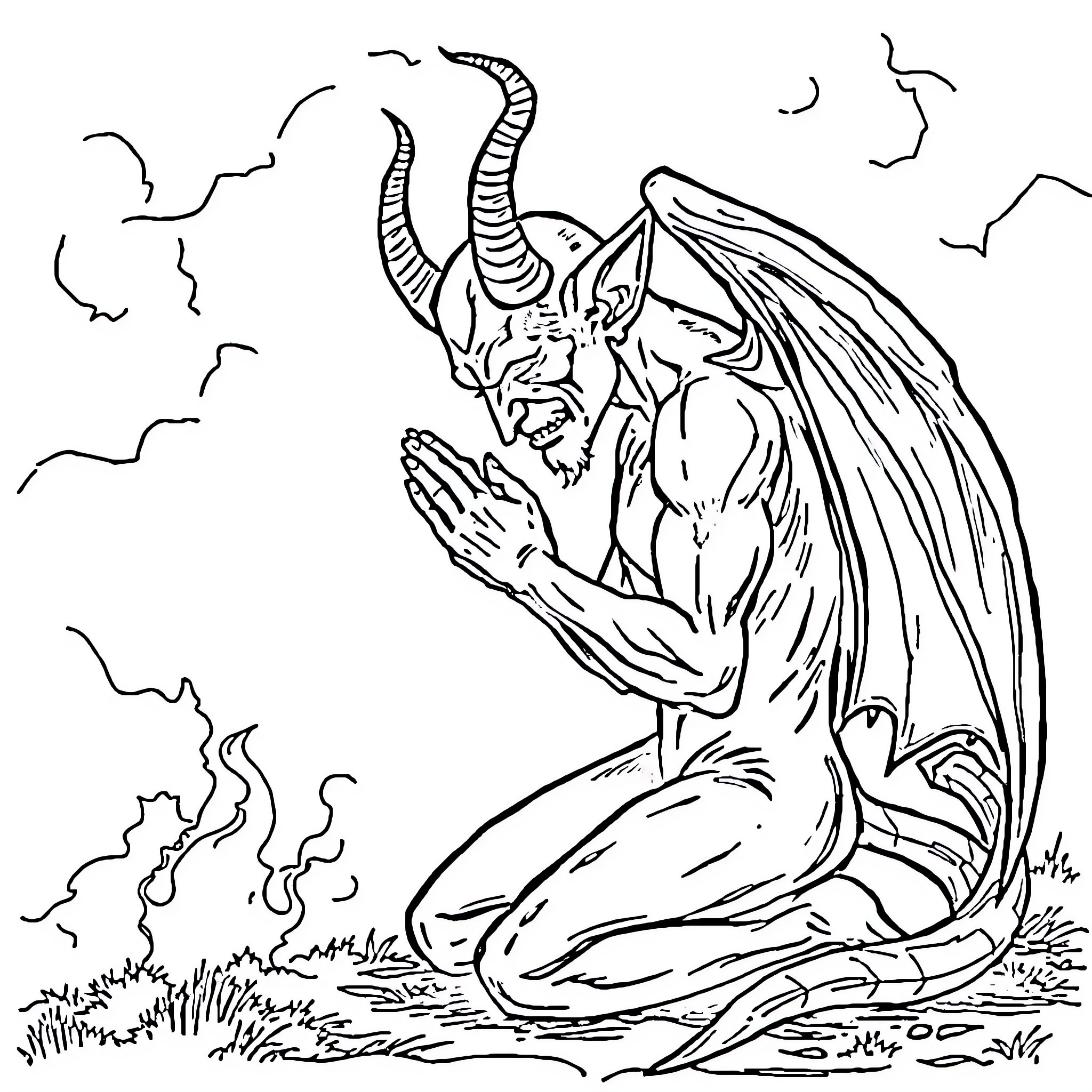 Devil Praying Menacingly in a Stormy Landscape Coloring Page (free black-and-white line drawing printable PDF for all, from beginners to advanced learners, including children, teens, adults, and seniors)