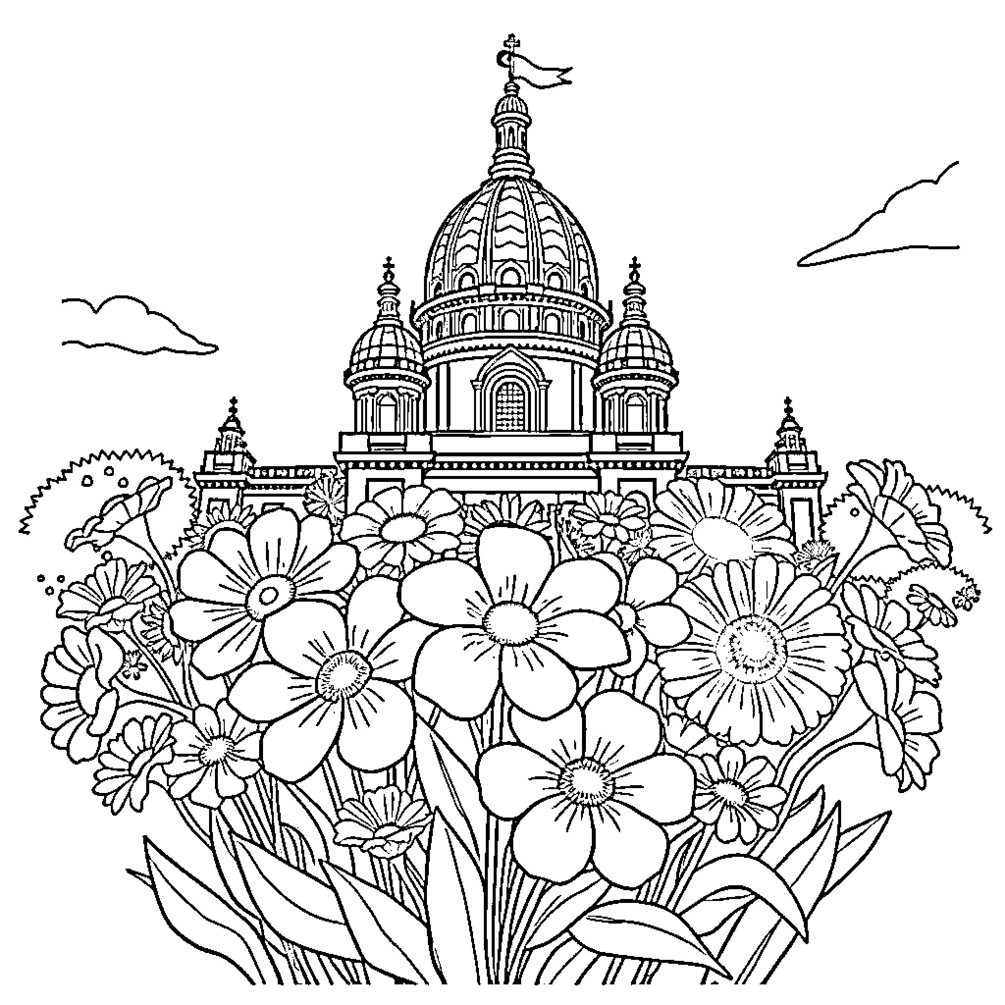 I Witness Elegant Architectural Dome Surrounded by Vibrant Flowers Coloring Page (free black-and-white line drawing printable PDF for all, from beginners to advanced learners, including children, teens, adults, and seniors)