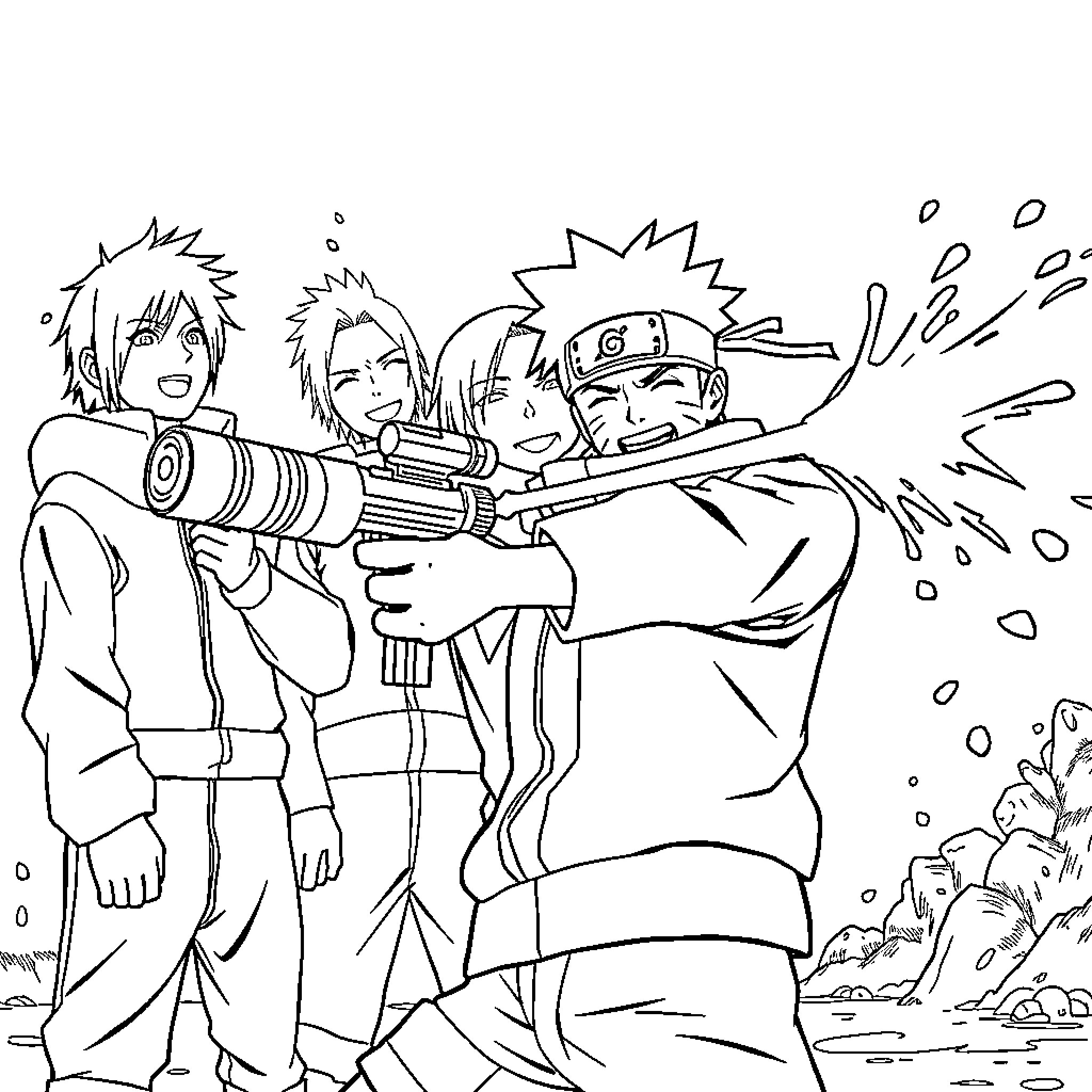 Naruto and friends laughing while holding a large gadget Coloring Page (free black-and-white line drawing printable PDF for all, from beginners to advanced learners, including children, teens, adults, and seniors)