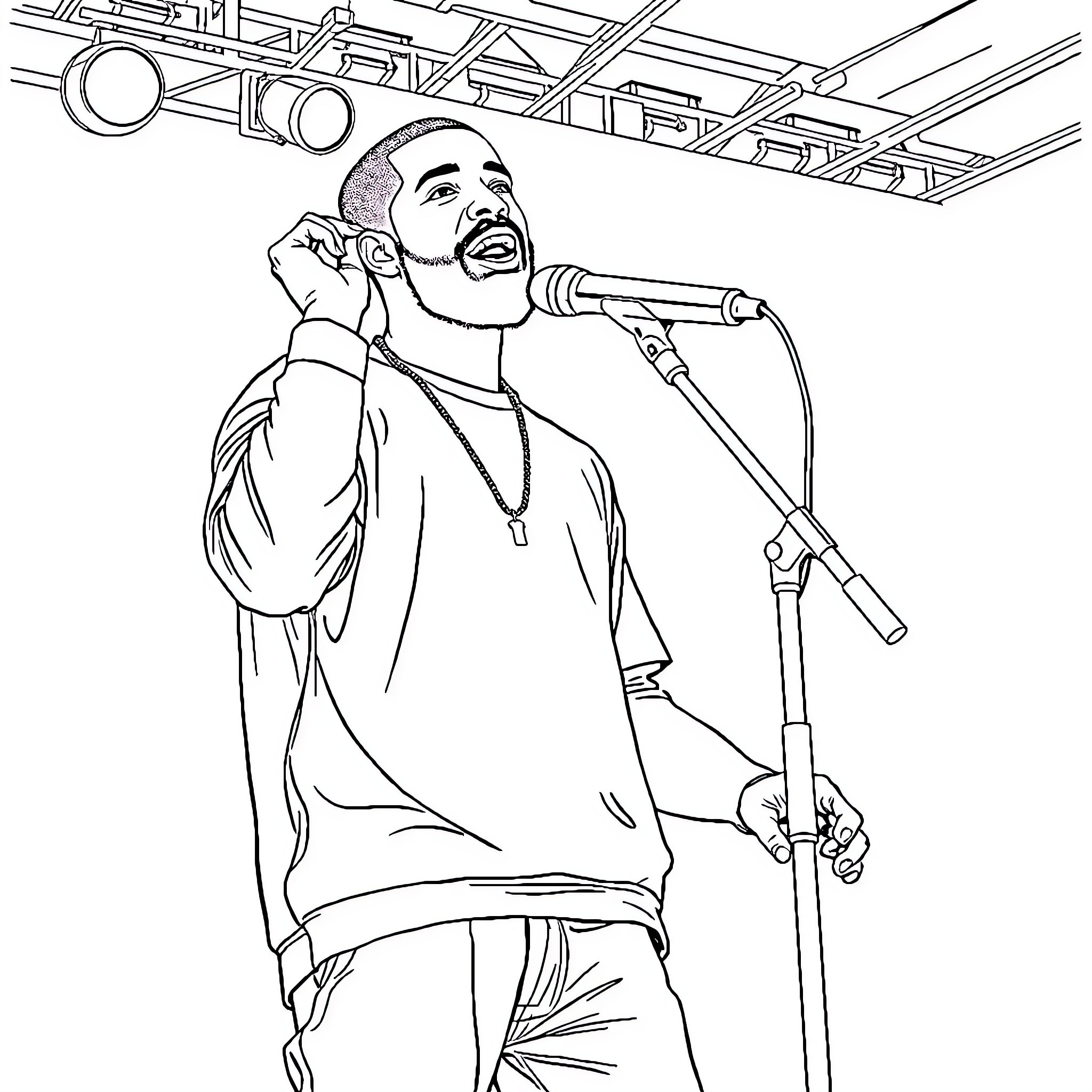 Drake Performing on Stage with Passion Coloring Page (free black-and-white line drawing printable PDF for all, from beginners to advanced learners, including children, teens, adults, and seniors)