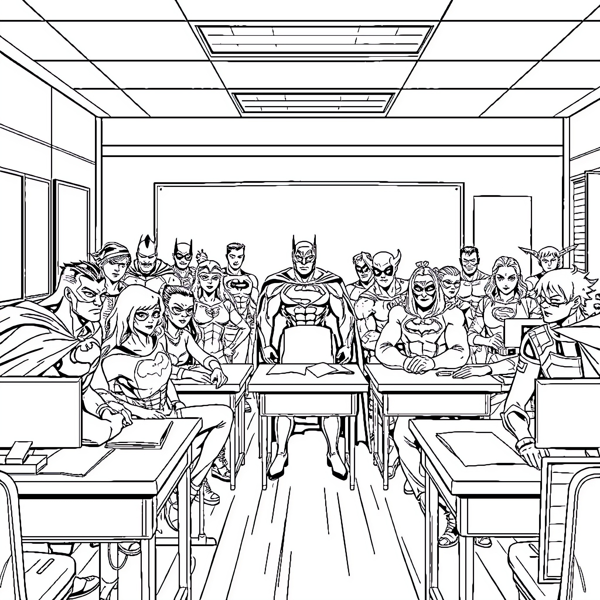 DC Superheroes in a Classroom Setting Coloring Page (free black-and-white line drawing printable PDF for all, from beginners to advanced learners, including children, teens, adults, and seniors)