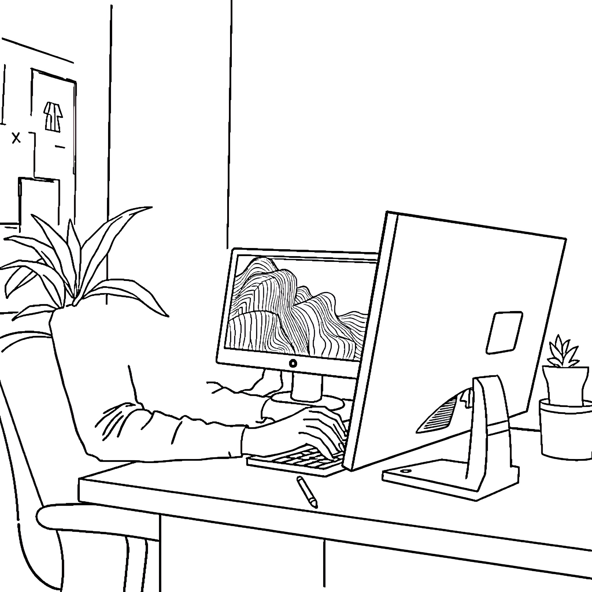 Web Developer working diligently at desk Coloring Page (free black-and-white line drawing printable PDF for all, from beginners to advanced learners, including children, teens, adults, and seniors)