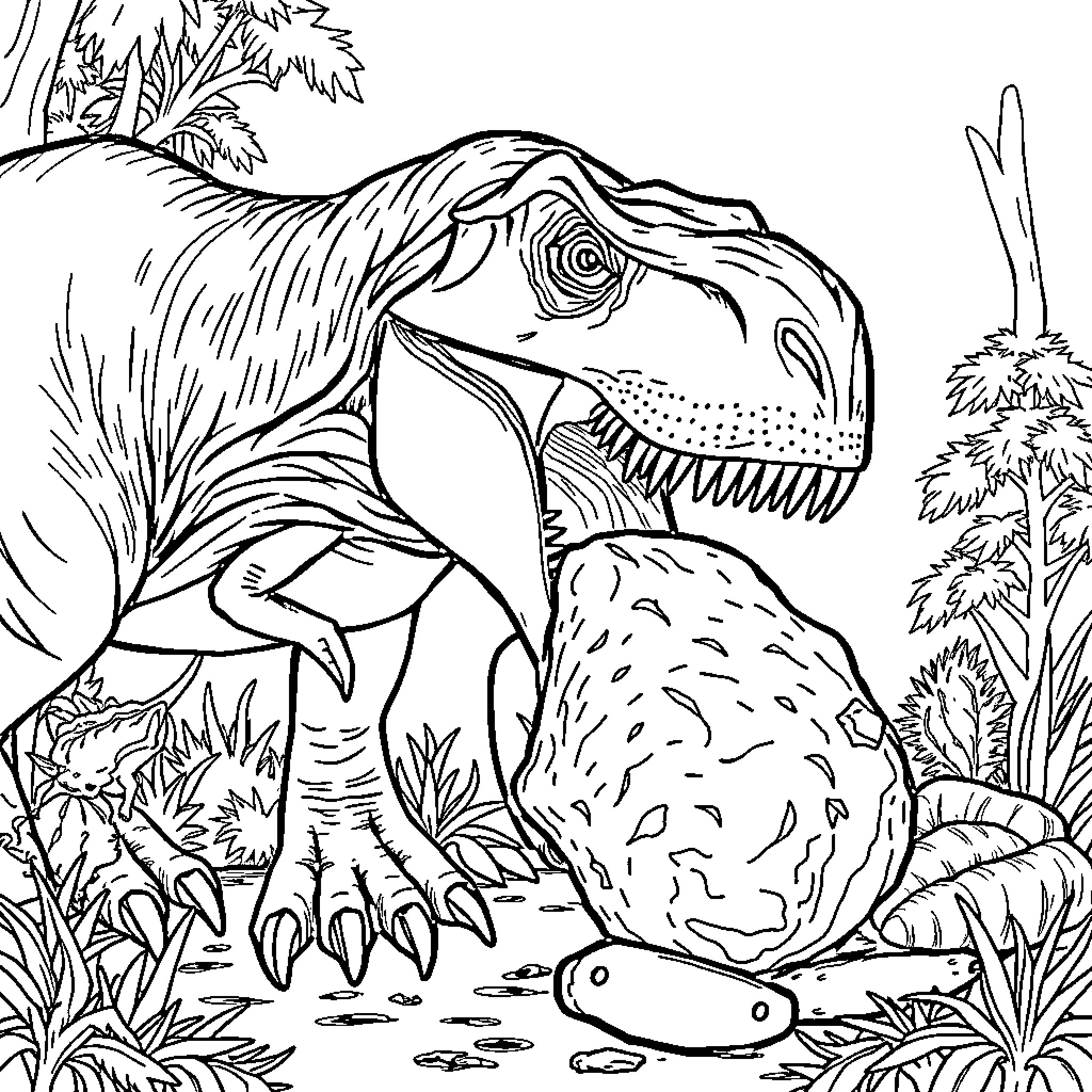 D-rex exploring prehistoric jungle landscape Coloring Page (free black-and-white line drawing printable PDF for all, from beginners to advanced learners, including children, teens, adults, and seniors)