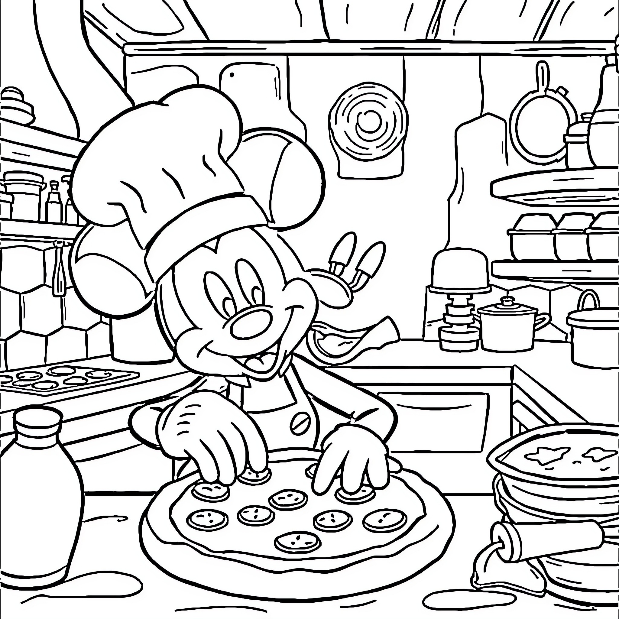 Mickey the Chef Baking Cookies in the Kitchen Coloring Page (free black-and-white line drawing printable PDF for all, from beginners to advanced learners, including children, teens, adults, and seniors)