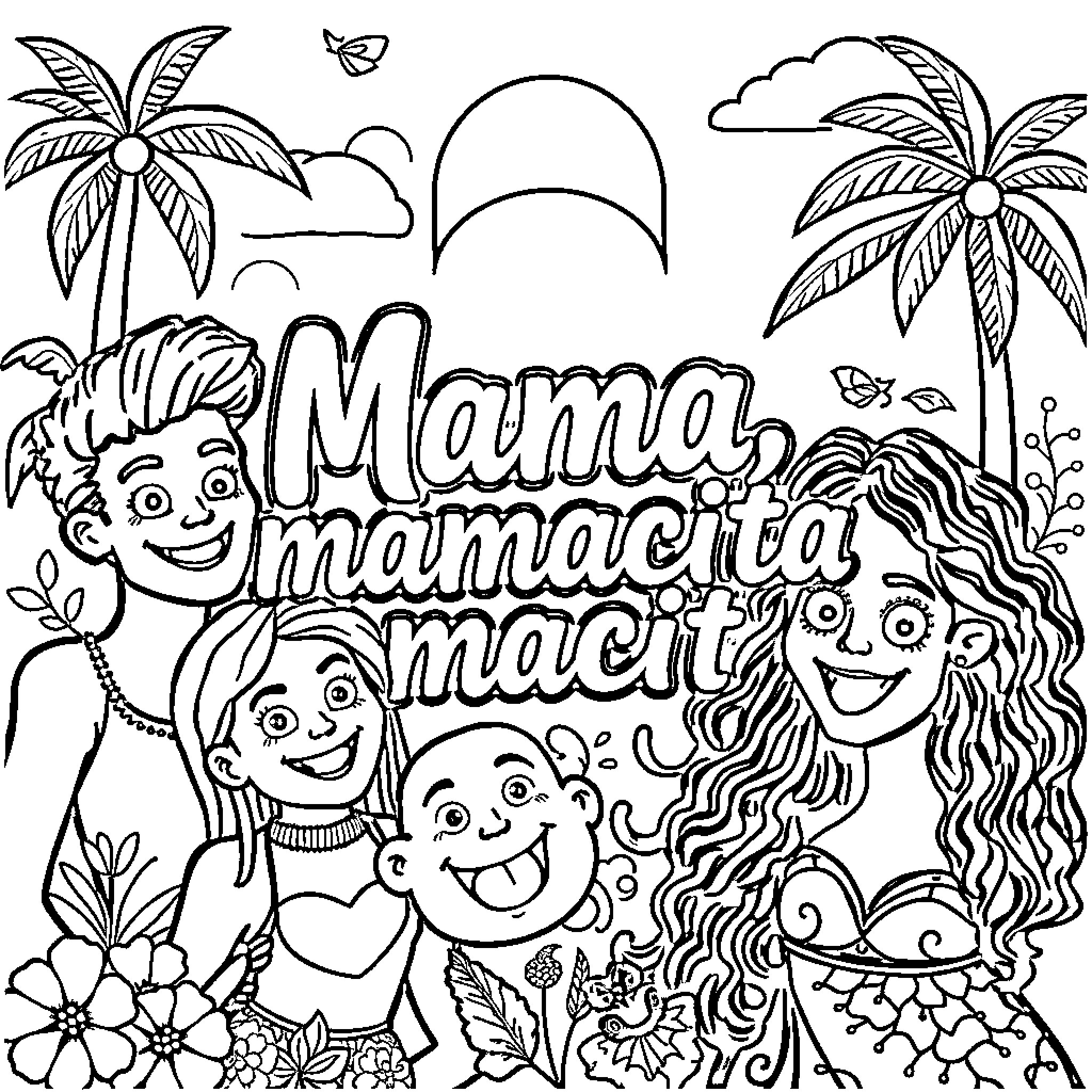 Mamacita's Lively Family Adventure Coloring Page (free black-and-white line drawing printable PDF for all, from beginners to advanced learners, including children, teens, adults, and seniors)