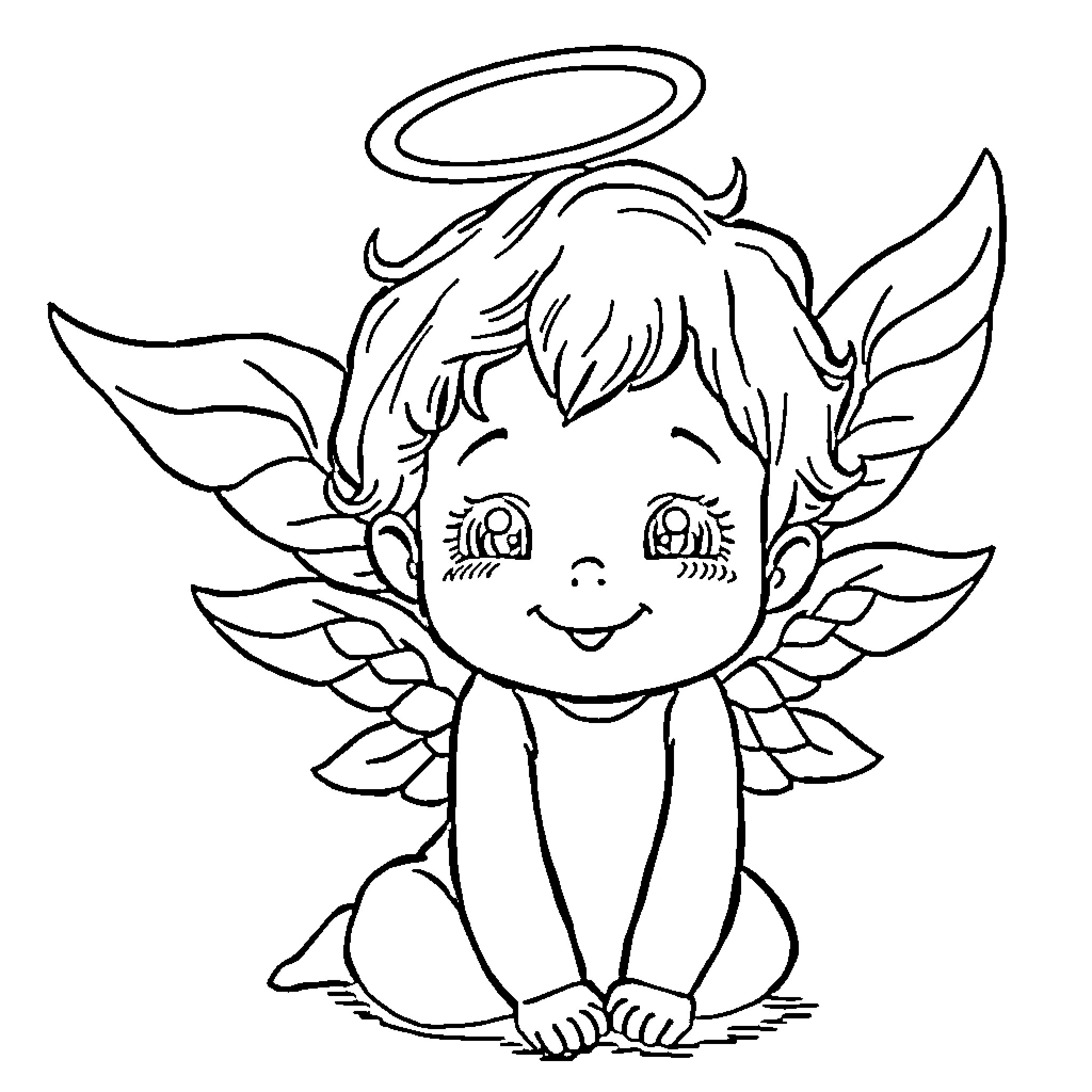 Angel sitting happily with wings and halo Coloring Page (free black-and-white line drawing printable PDF for all, from beginners to advanced learners, including children, teens, adults, and seniors)