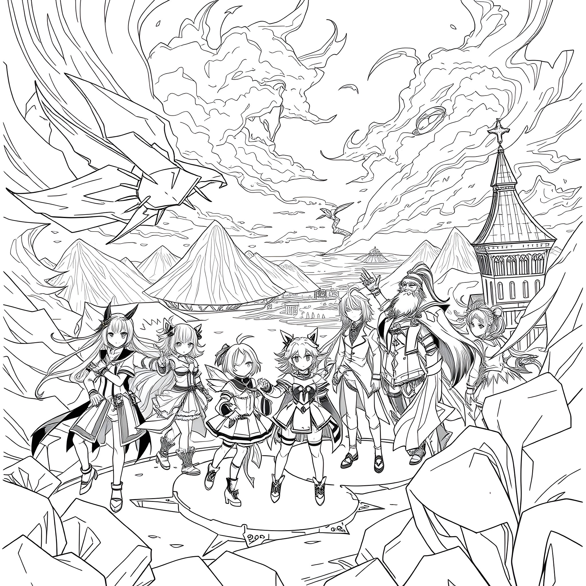 Mondstadt Characters Exploring a Fantastical Landscape Coloring Page (free black-and-white line drawing printable PDF for all, from beginners to advanced learners, including children, teens, adults, and seniors)