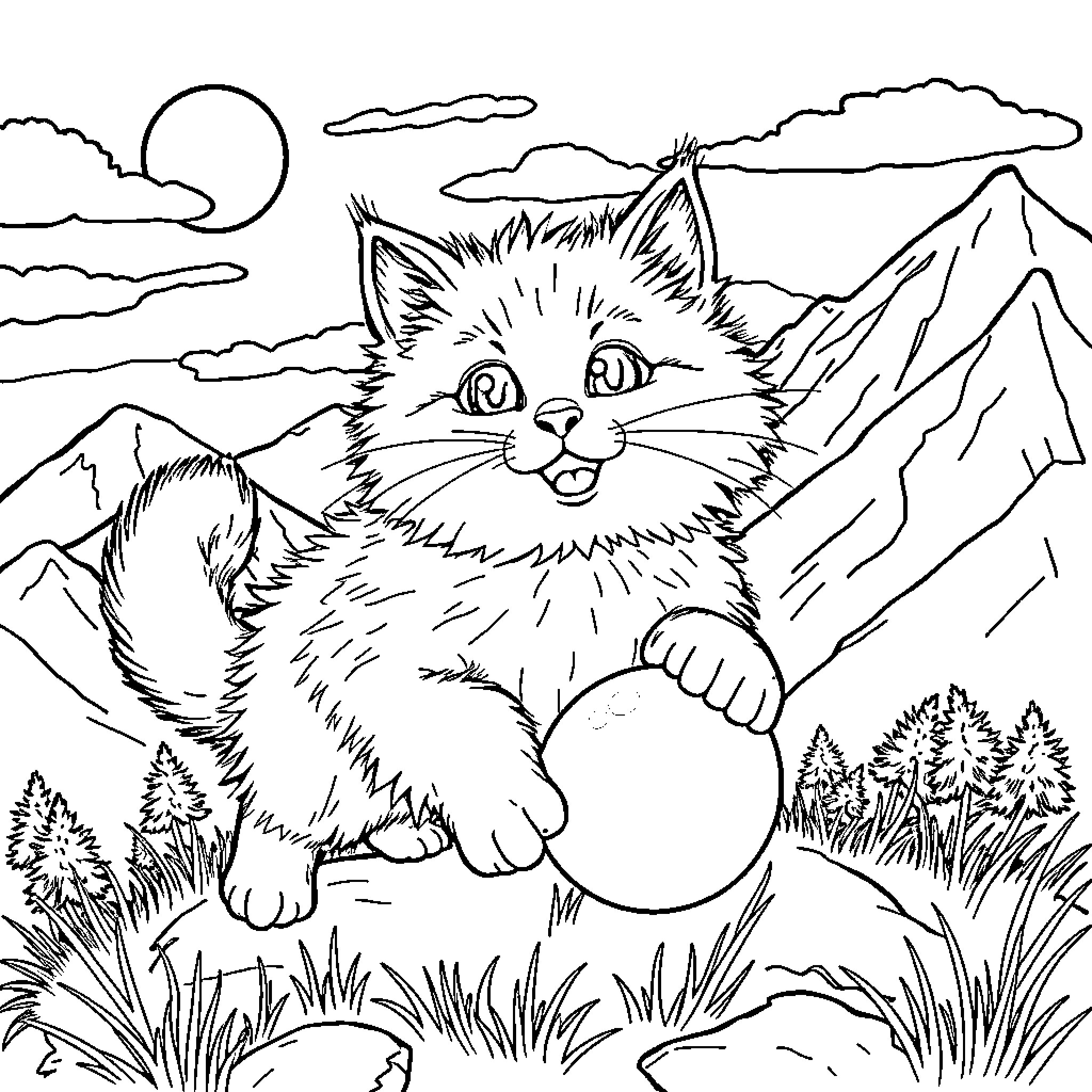 Cat exploring the mountain landscape Coloring Page (free black-and-white line drawing printable PDF for all, from beginners to advanced learners, including children, teens, adults, and seniors)