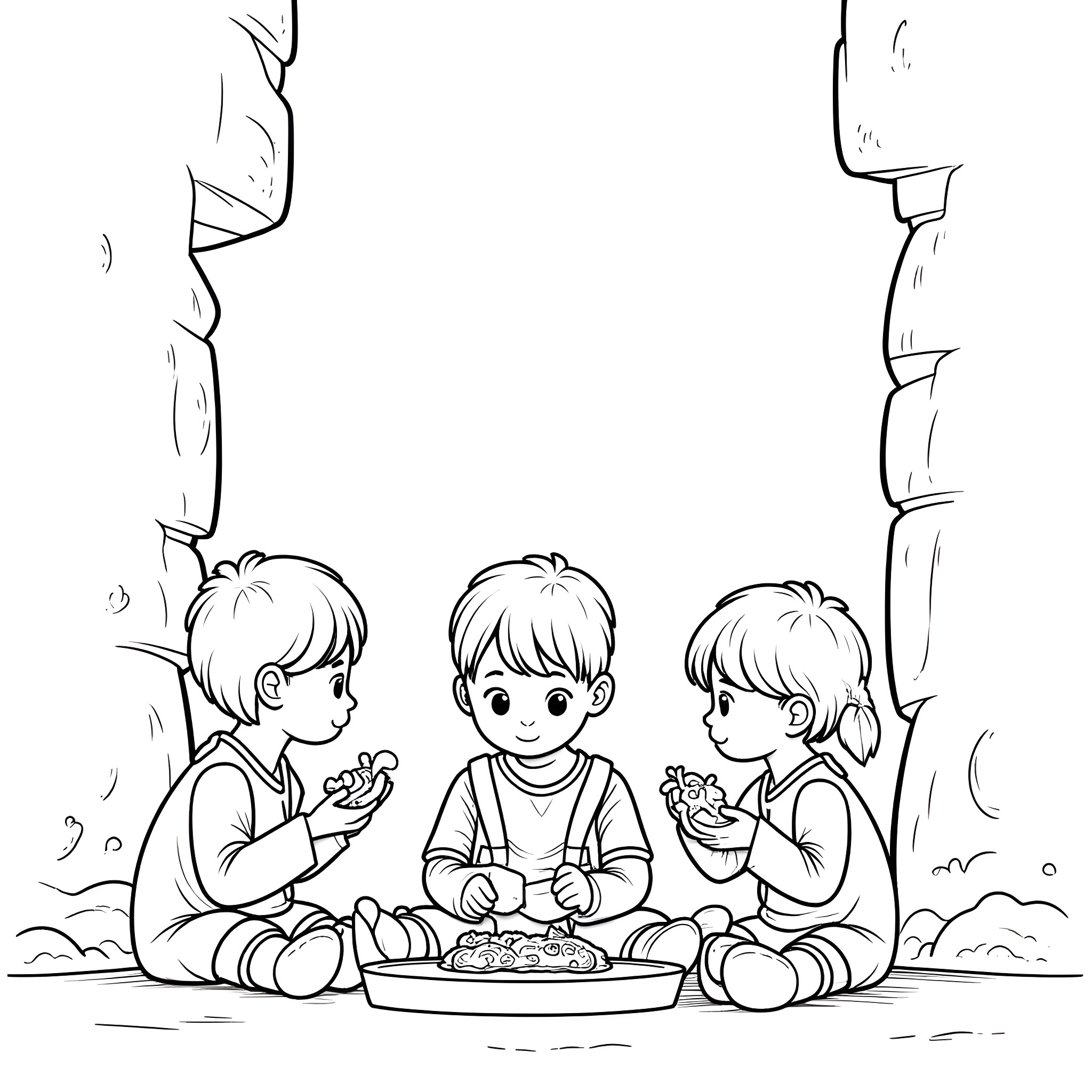 Kid friends sharing a snack happily together Coloring Page (free black-and-white line drawing printable PDF for all, from beginners to advanced learners, including children, teens, adults, and seniors)