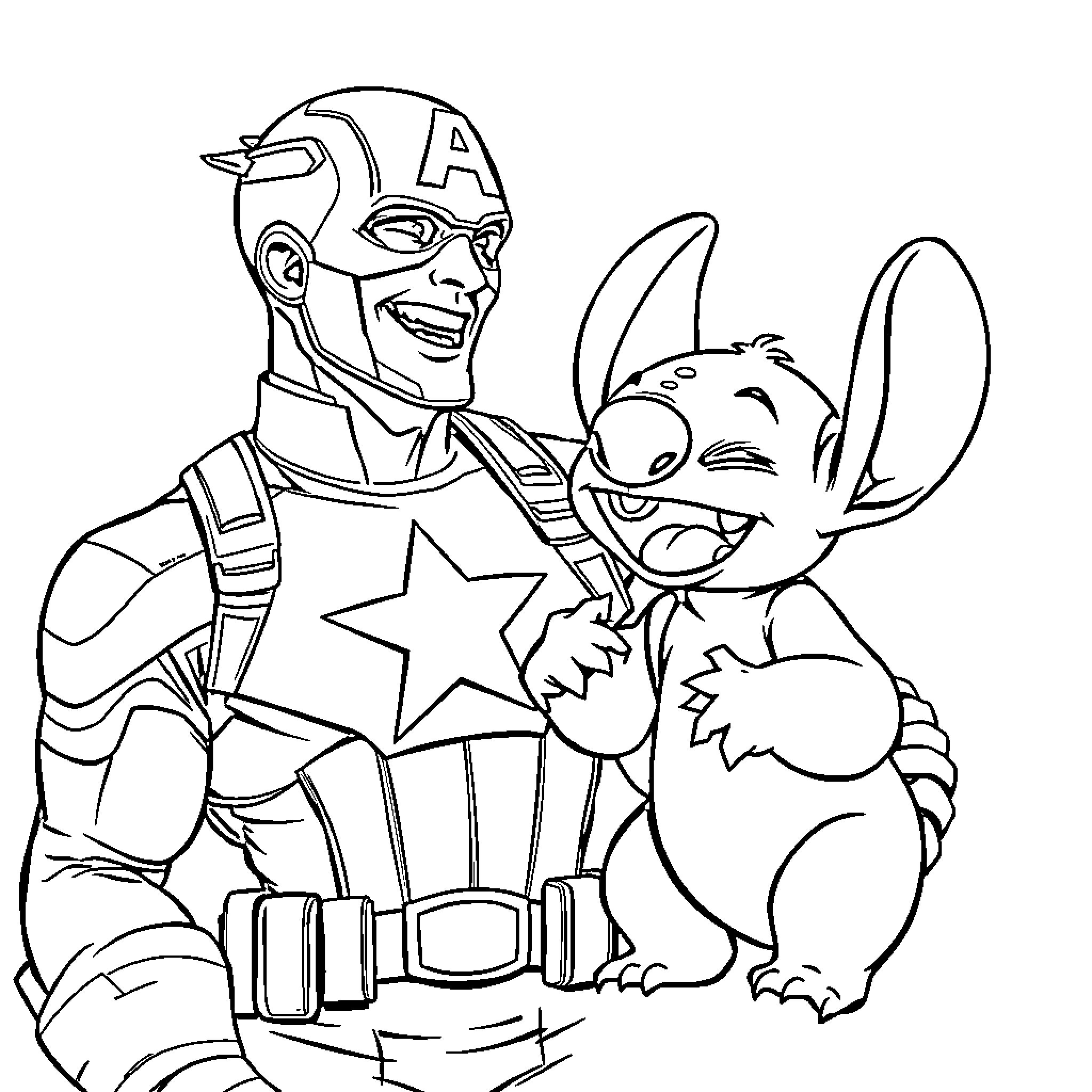 Captain America and Stitch Bonding in Cartoon Illustration Coloring Page (free black-and-white line drawing printable PDF for all, from beginners to advanced learners, including children, teens, adults, and seniors)
