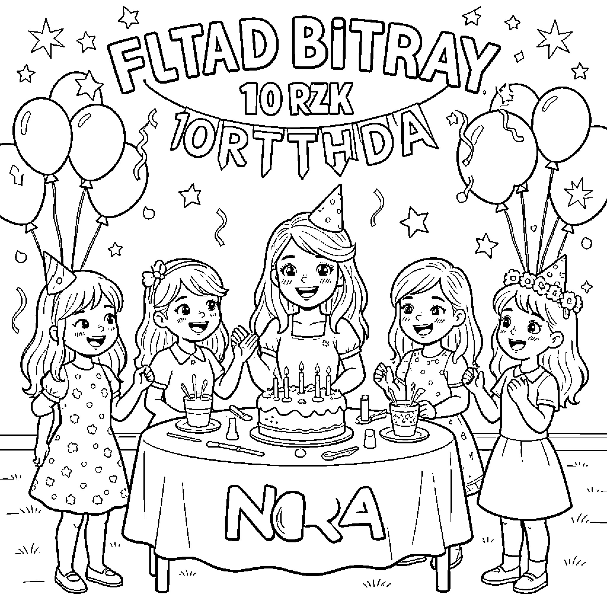Birthday party with girls celebrating around a cake Coloring Page (free black-and-white line drawing printable PDF for all, from beginners to advanced learners, including children, teens, adults, and seniors)