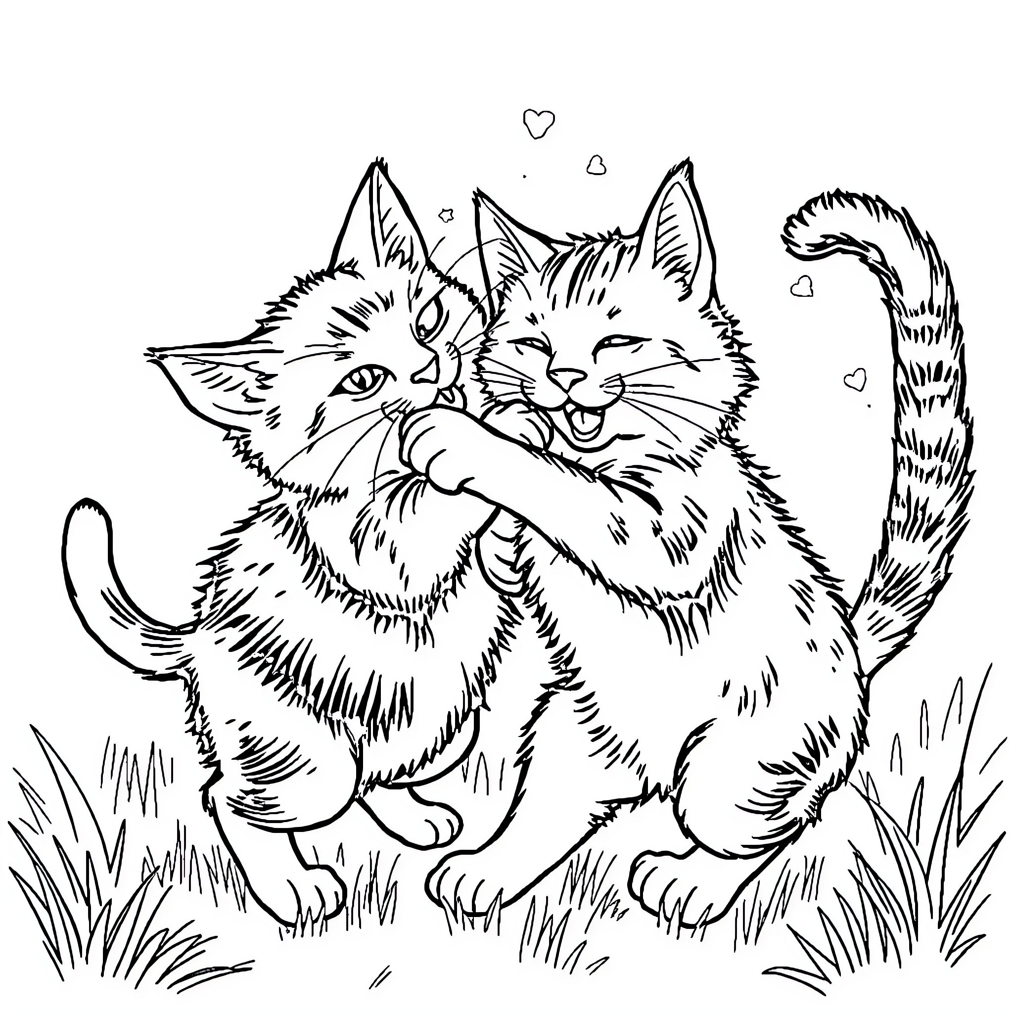 Cat playing with heart shapes in a grassy field Coloring Page (free black-and-white line drawing printable PDF for all, from beginners to advanced learners, including children, teens, adults, and seniors)