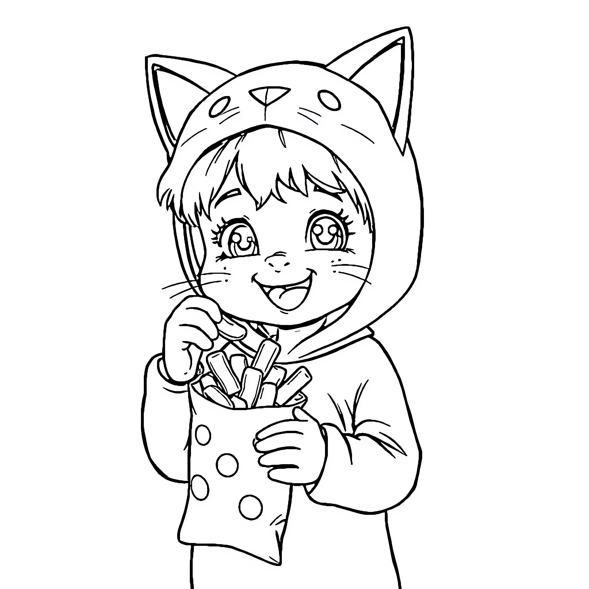 Boy wearing cat costume holding fries Coloring Page (free black-and-white line drawing printable PDF for all, from beginners to advanced learners, including children, teens, adults, and seniors)