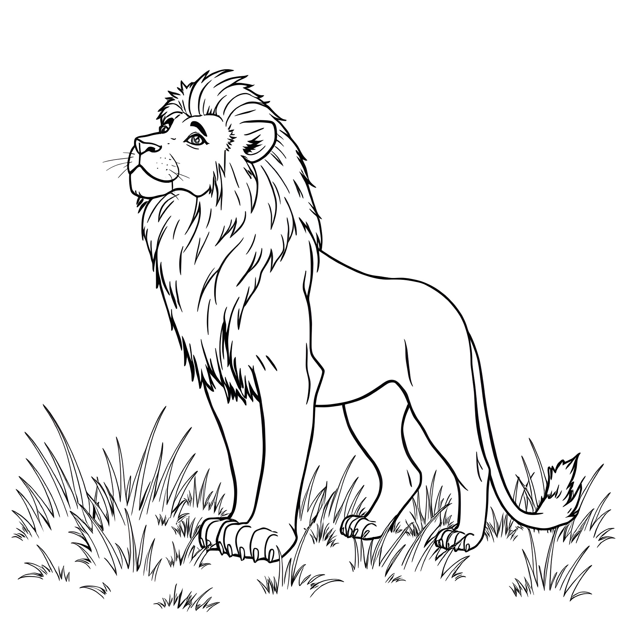Lion standing majestic in the wild Coloring Page (free black-and-white line drawing printable PDF for all, from beginners to advanced learners, including children, teens, adults, and seniors)
