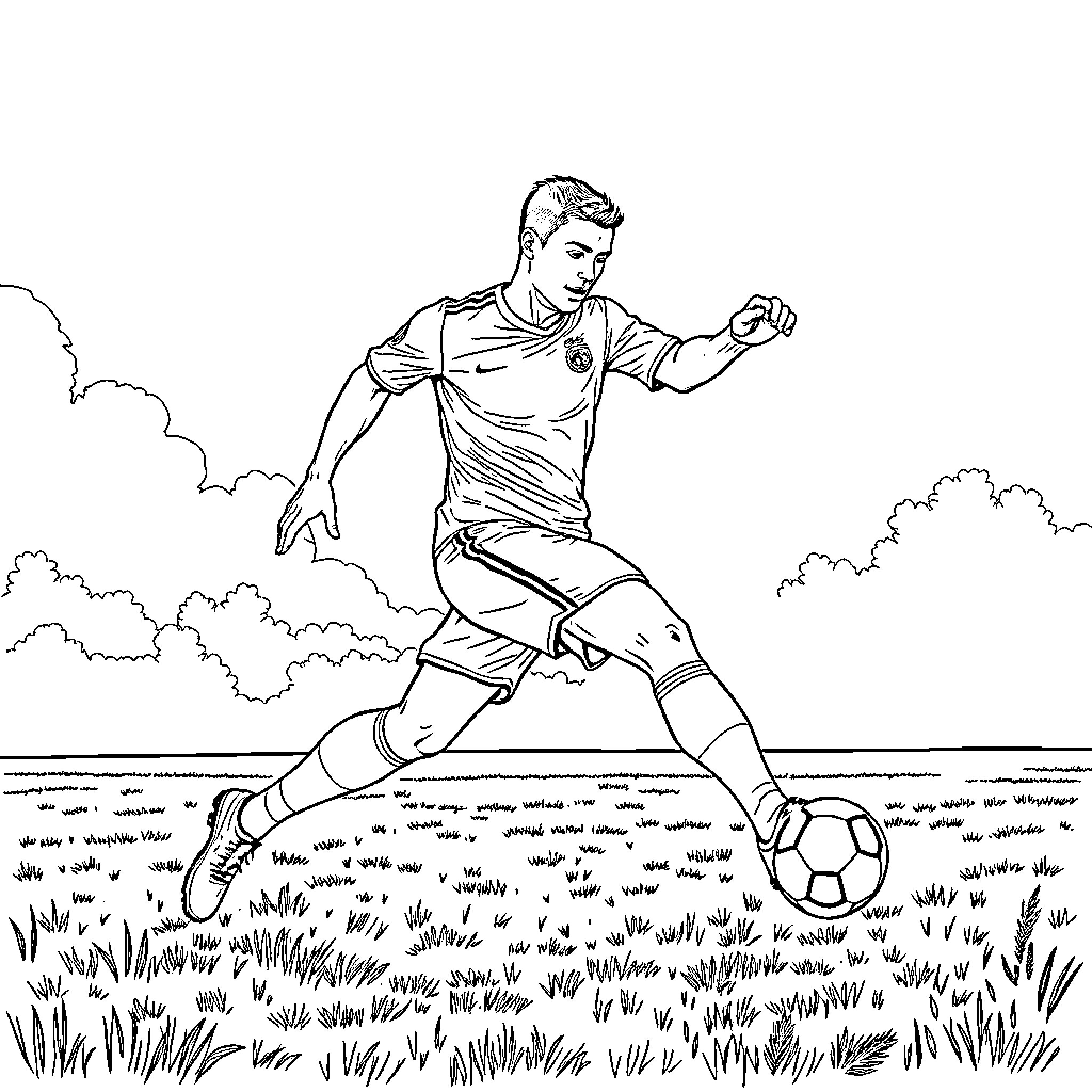 Cristiano Ronaldo playing soccer on the field Coloring Page (free black-and-white line drawing printable PDF for all, from beginners to advanced learners, including children, teens, adults, and seniors)