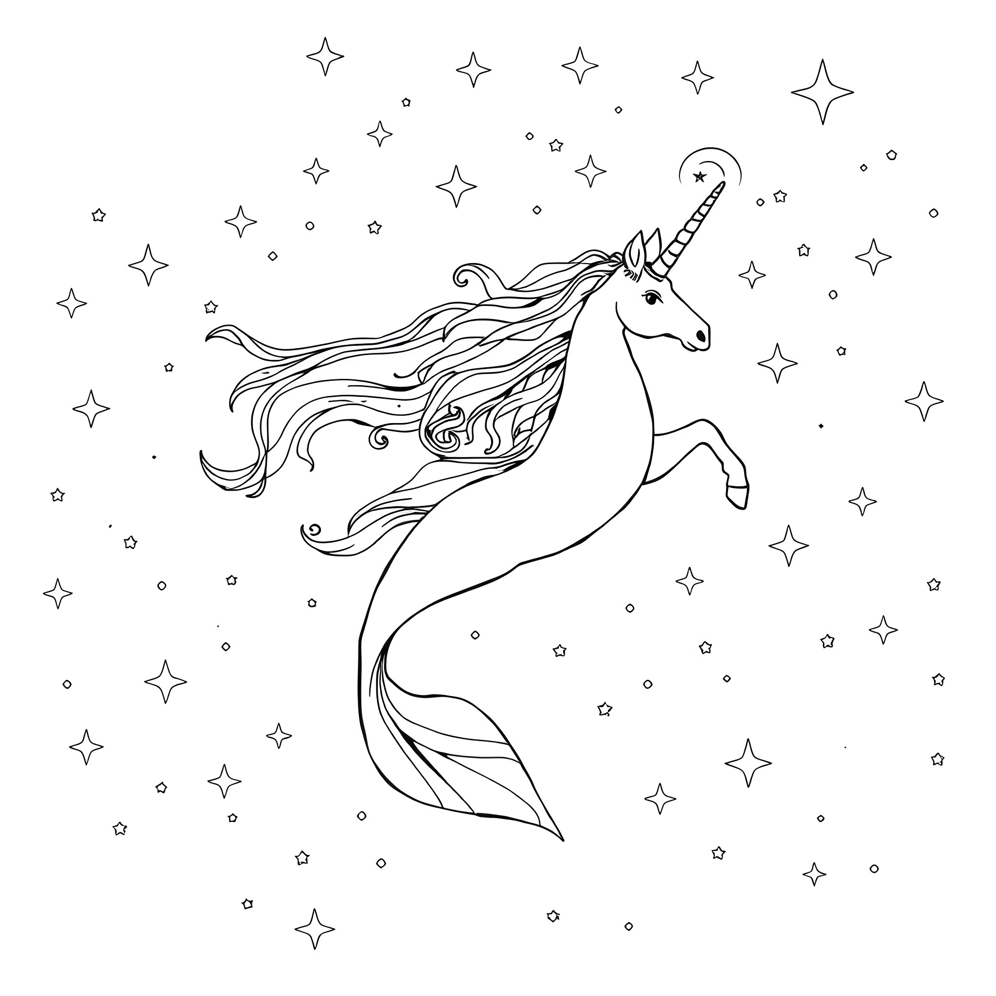 Mermaid unicorn swimming among the stars Coloring Page (free black-and-white line drawing printable PDF for all, from beginners to advanced learners, including children, teens, adults, and seniors)