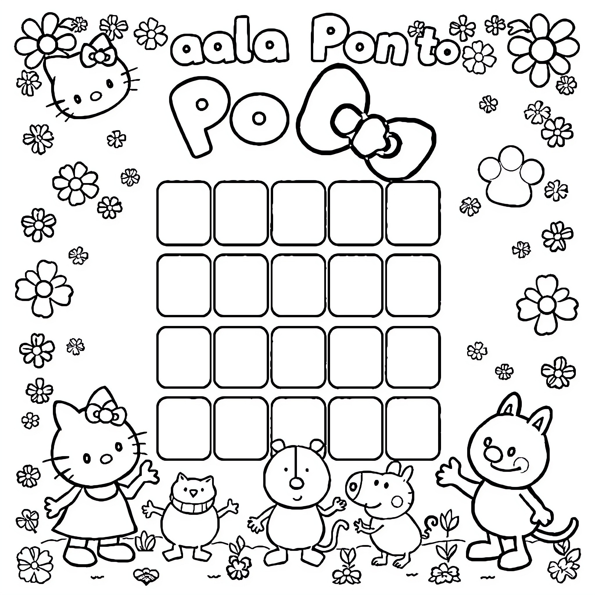 Paula Pontos: Cartoon Characters in a Flower-Filled Scene Coloring Page (free black-and-white line drawing printable PDF for all, from beginners to advanced learners, including children, teens, adults, and seniors)