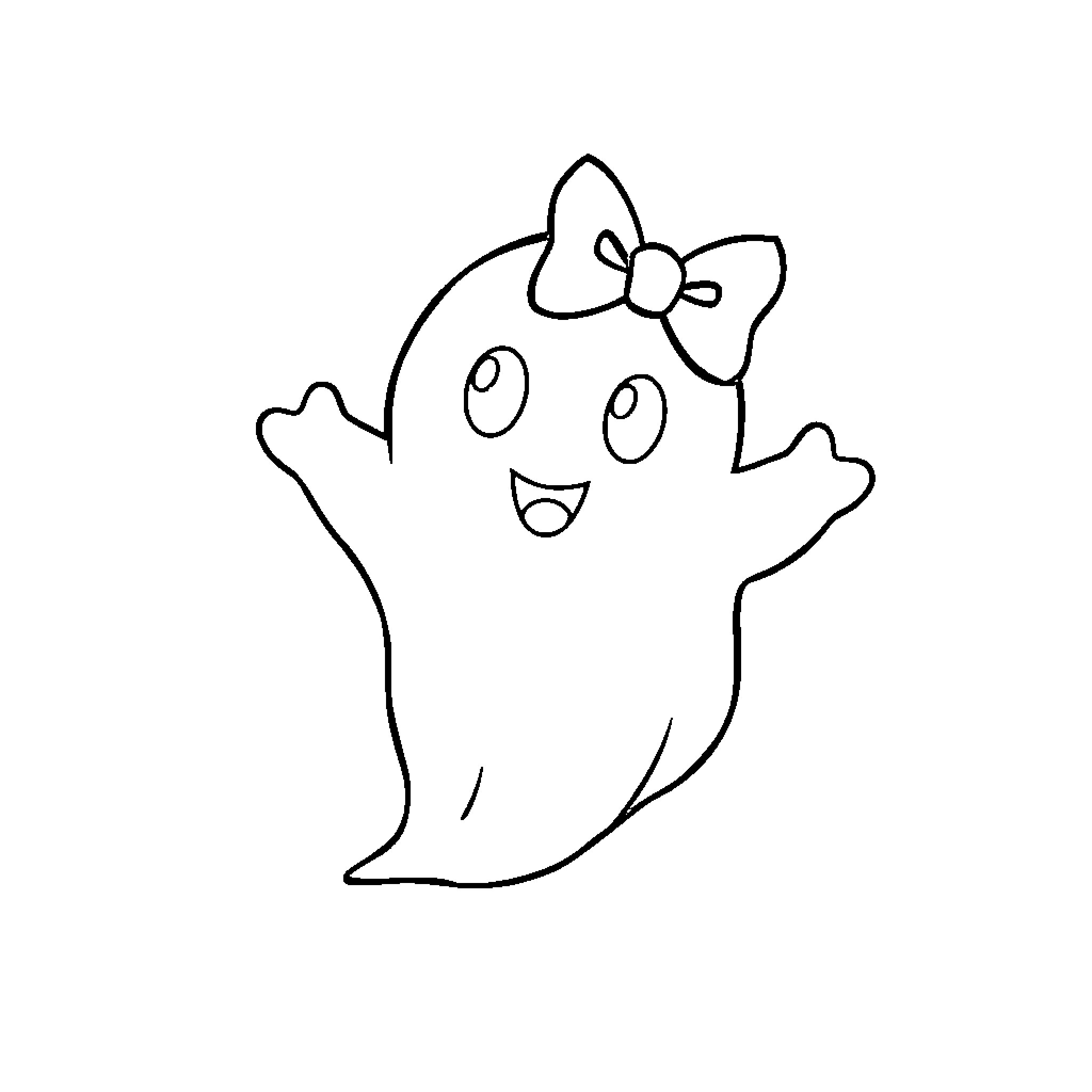 Ghost with a Bow Happily Floating Coloring Page (free black-and-white line drawing printable PDF for all, from beginners to advanced learners, including children, teens, adults, and seniors)
