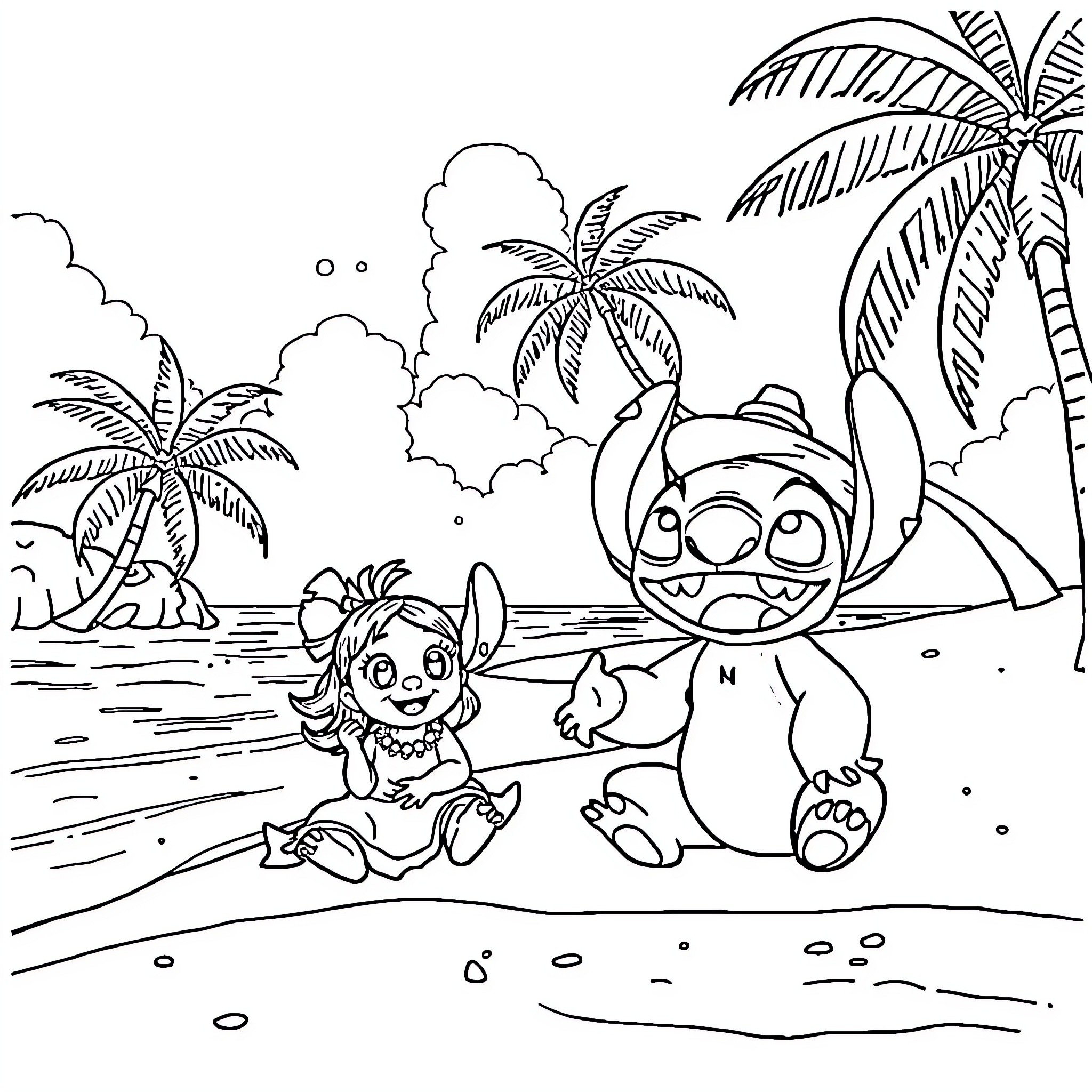 Lilo and Stitch playing on the beach Coloring Page (free black-and-white line drawing printable PDF for all, from beginners to advanced learners, including children, teens, adults, and seniors)