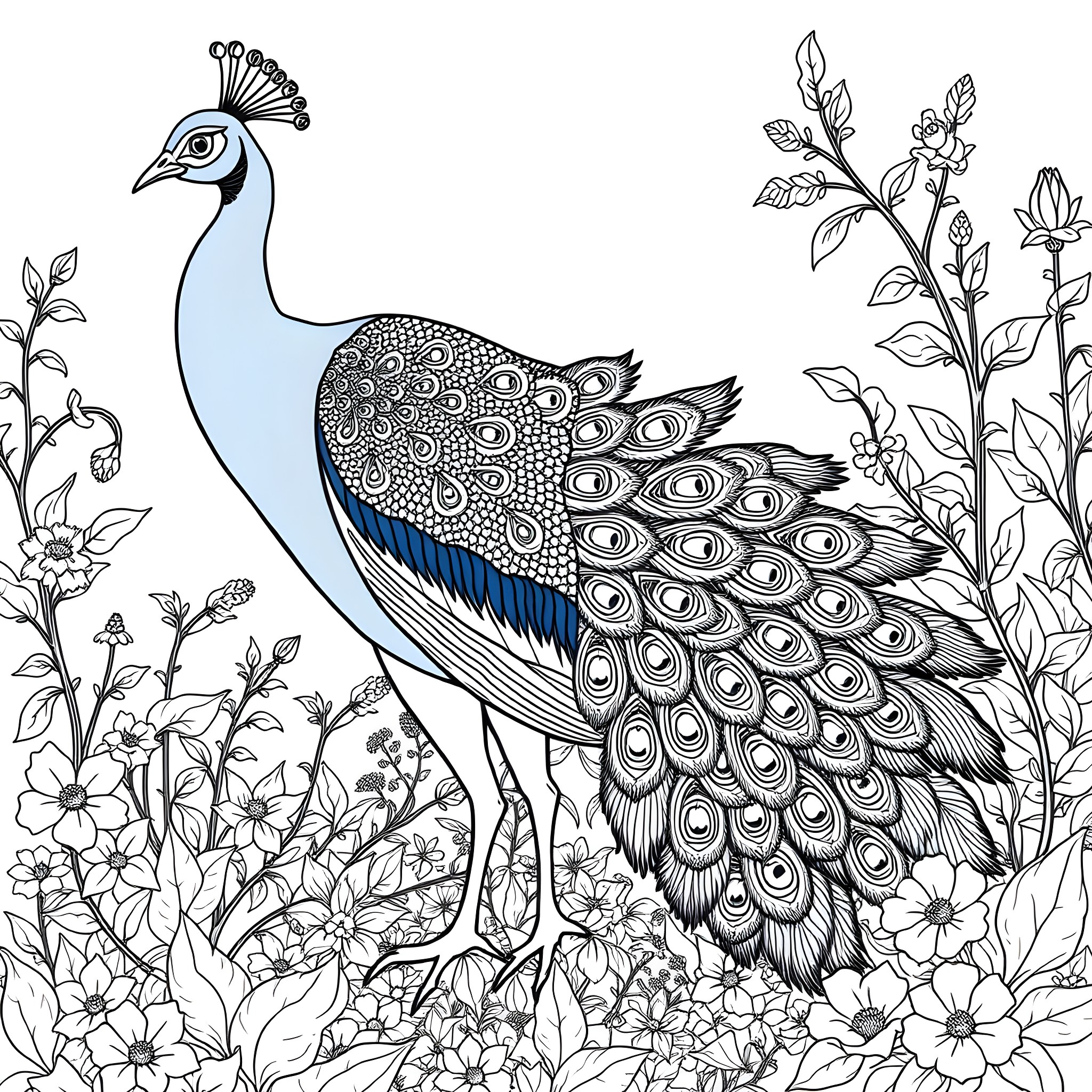 Peacock showcasing its magnificent plumage in a floral garden Coloring Page (free black-and-white line drawing printable PDF for all, from beginners to advanced learners, including children, teens, adults, and seniors)