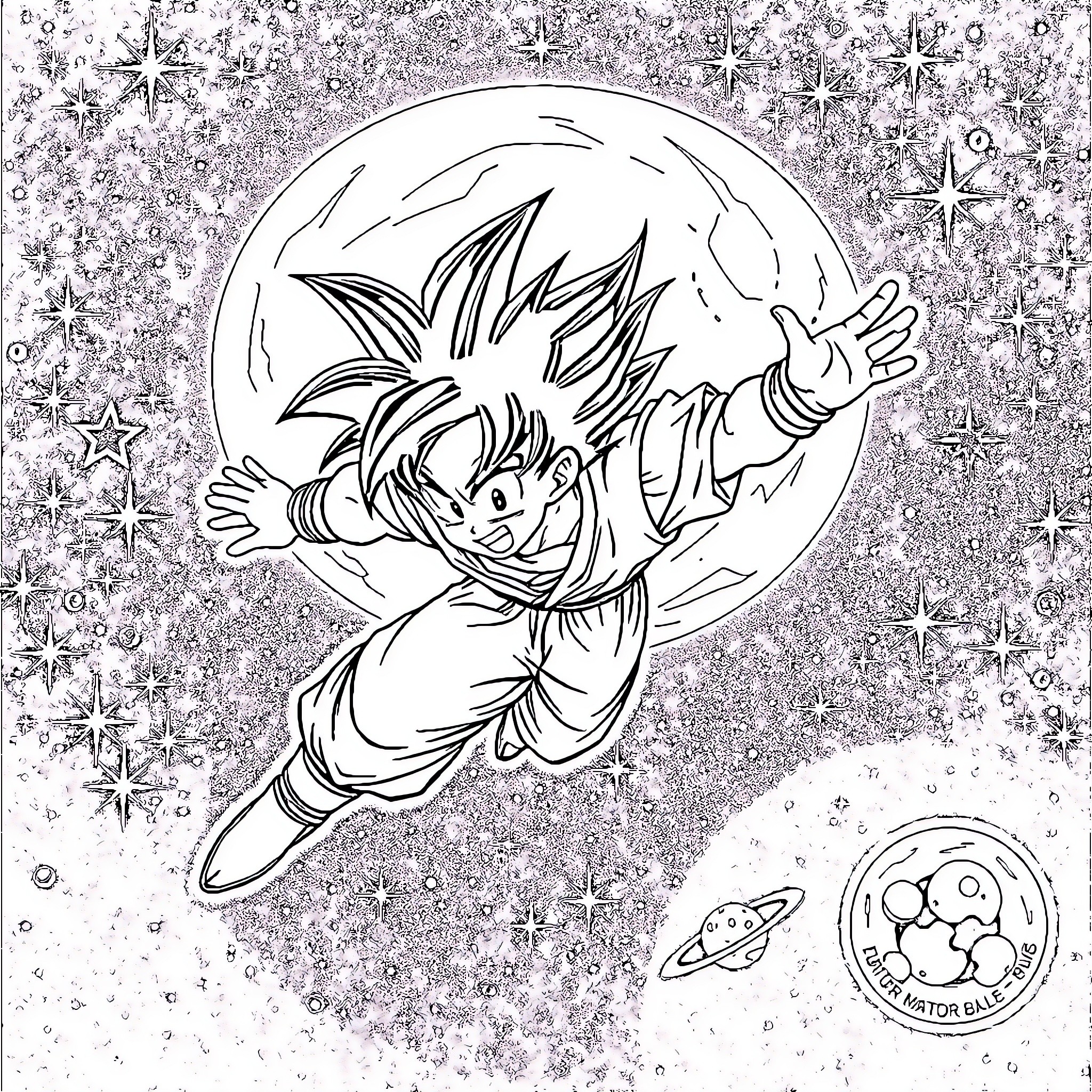 Goku soaring through a starry sky Coloring Page (free black-and-white line drawing printable PDF for all, from beginners to advanced learners, including children, teens, adults, and seniors)