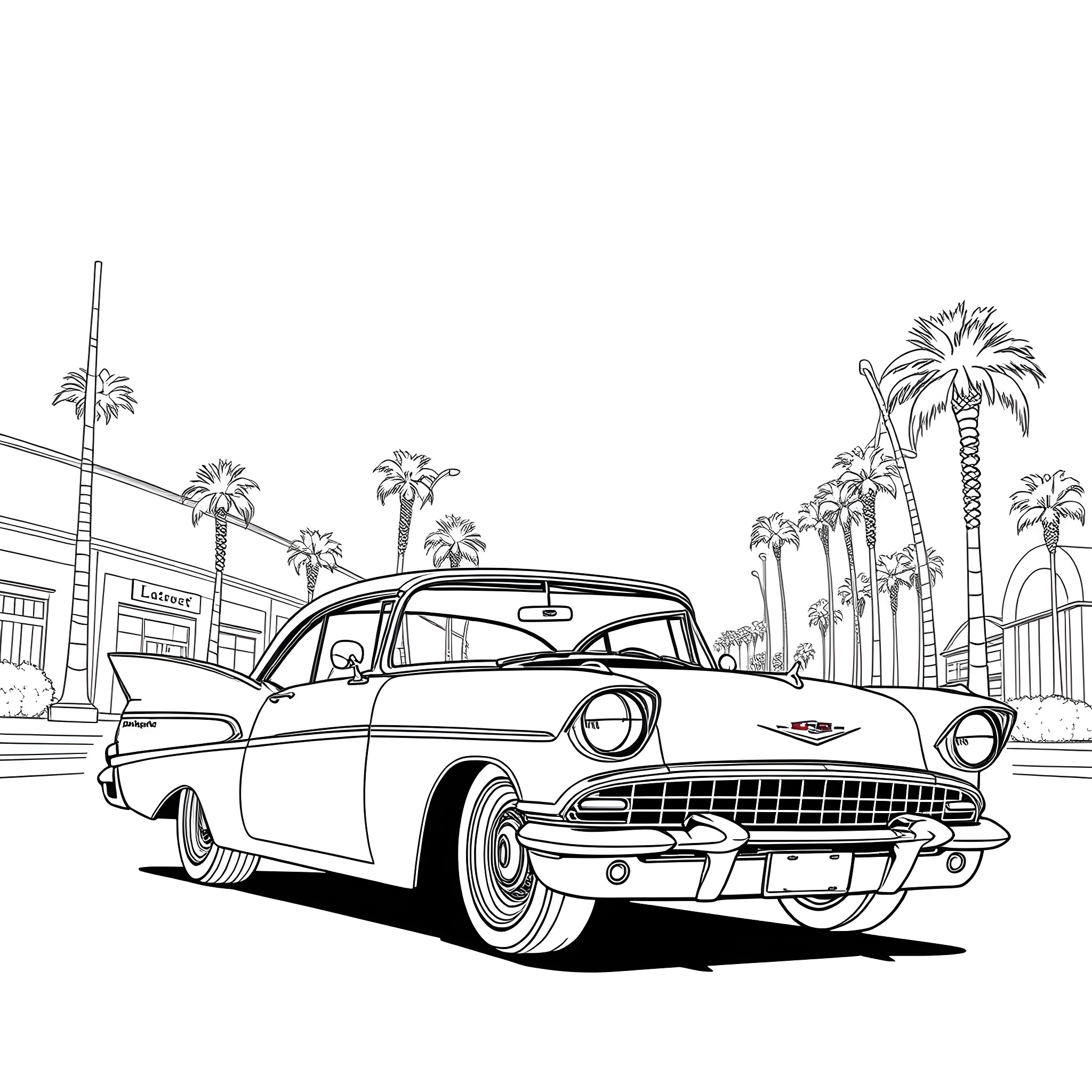 Low Rider Cruising Through Palm-Lined Street Coloring Page (free black-and-white line drawing printable PDF for all, from beginners to advanced learners, including children, teens, adults, and seniors)