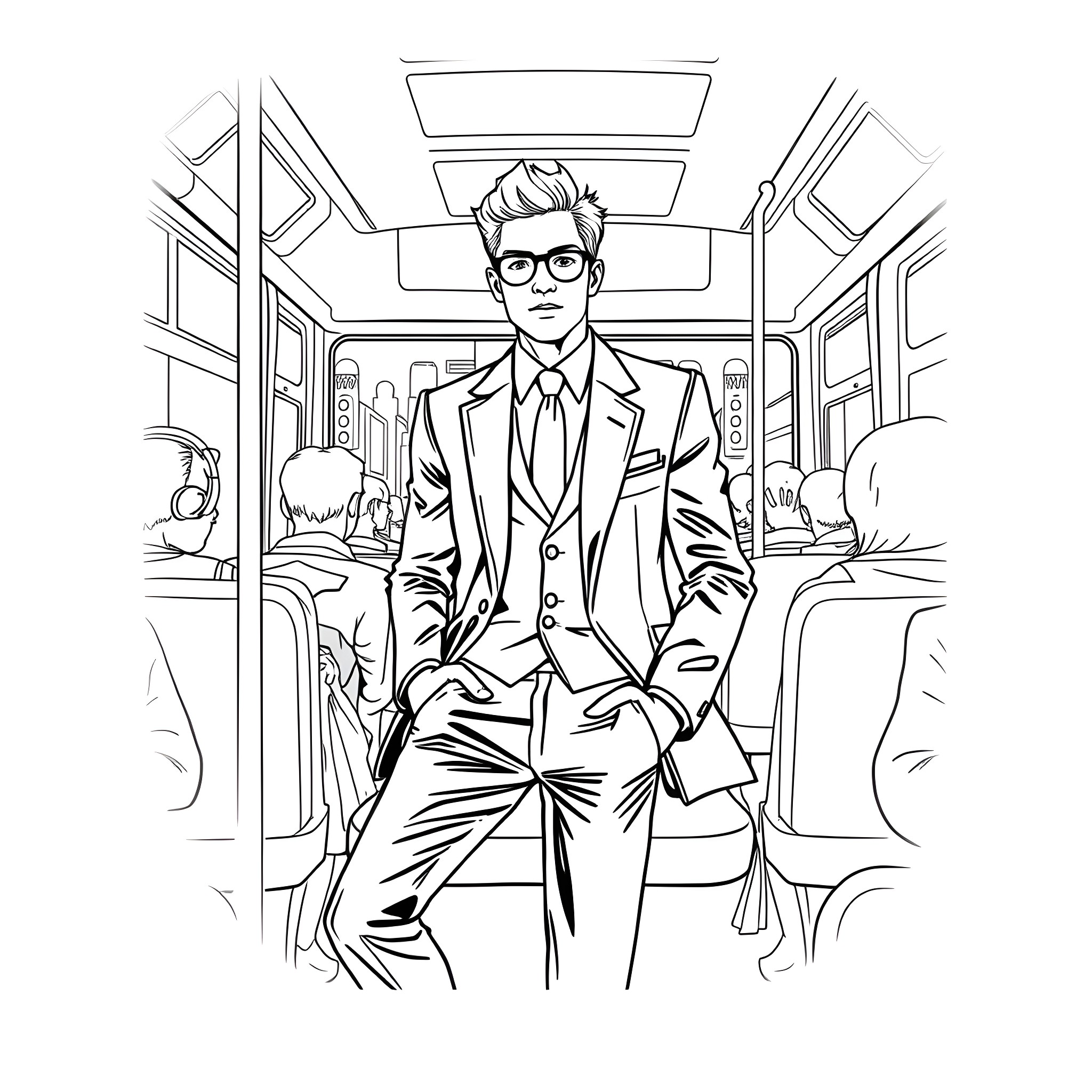 Teen Guy on Bus Commuting to Work Coloring Page (free black-and-white line drawing printable PDF for all, from beginners to advanced learners, including children, teens, adults, and seniors)