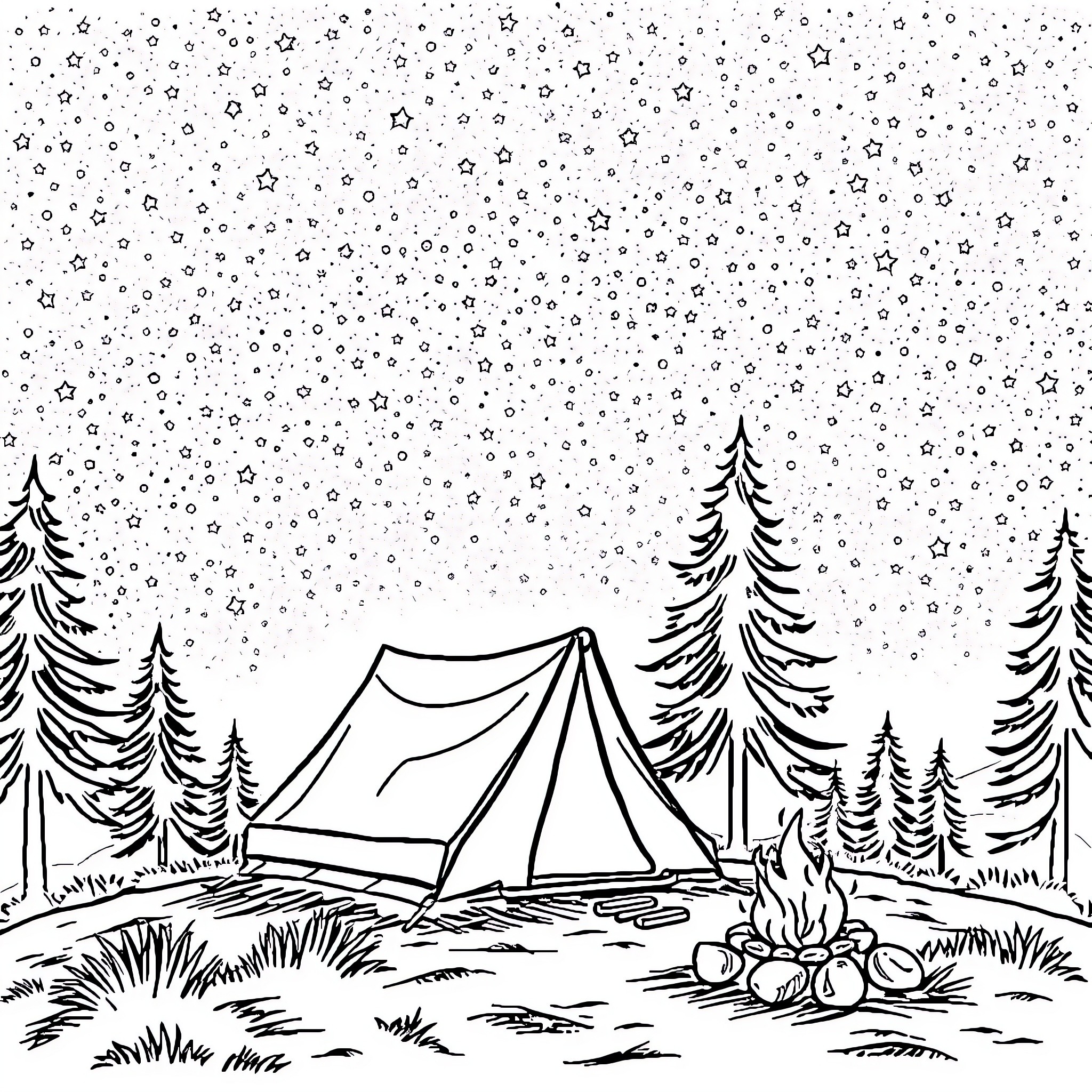 Camping in the snowy forest Coloring Page (free black-and-white line drawing printable PDF for all, from beginners to advanced learners, including children, teens, adults, and seniors)