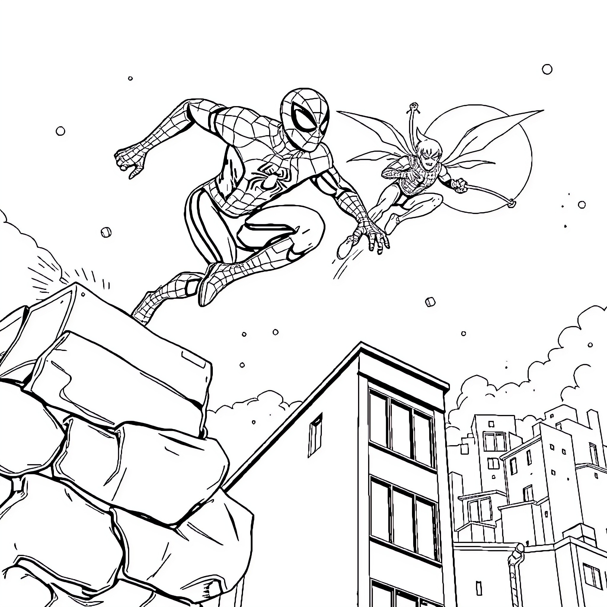 Spiderman swinging through the city and battling villains Coloring Page (free black-and-white line drawing printable PDF for all, from beginners to advanced learners, including children, teens, adults, and seniors)